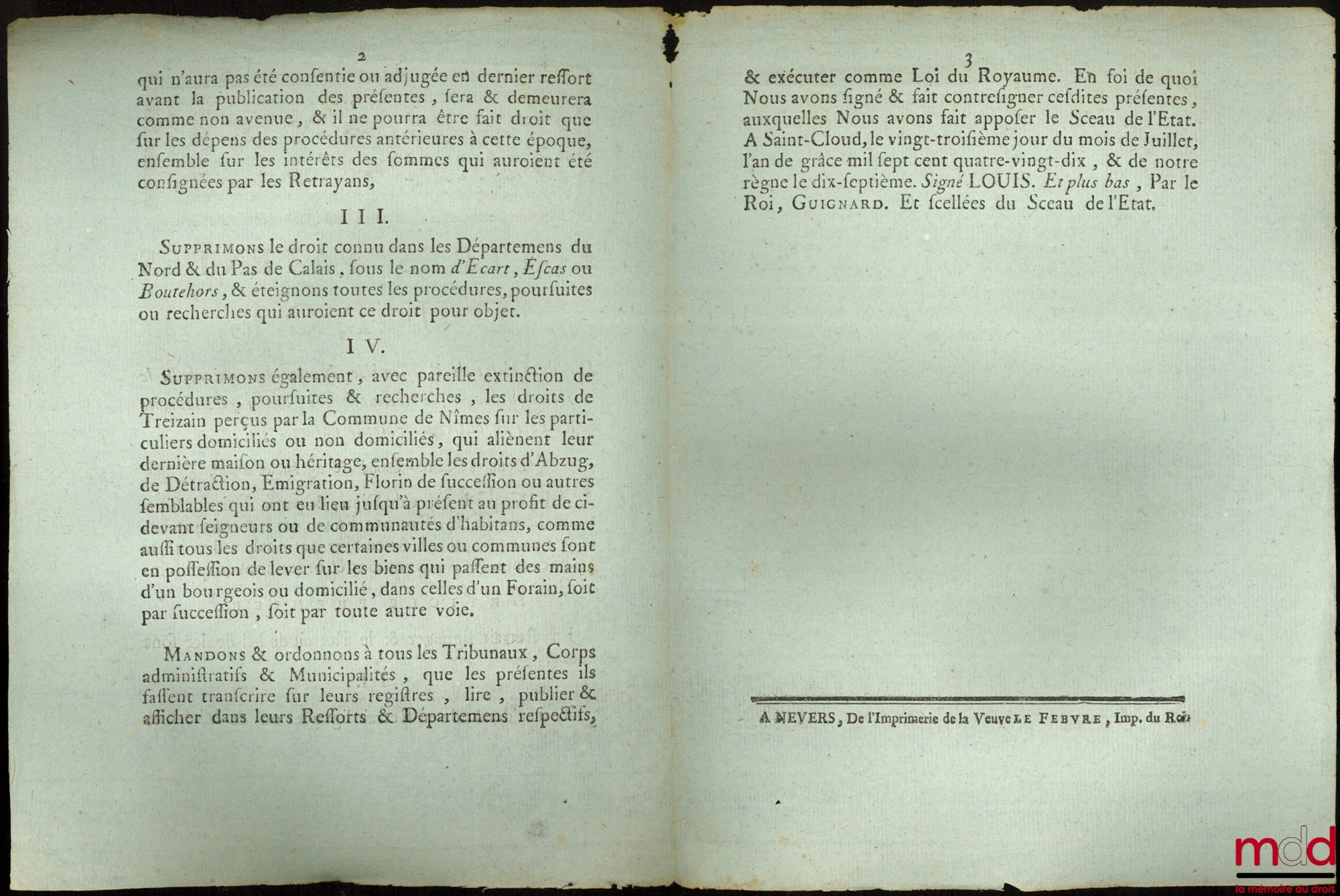 Lettres Patentes du Roi, Sur un Décret de l’Assemblée Nationale, qui abolit le Retrait lignager, le Retrait de Mi-denier, les Droits d’Écart & autres de pareille nature, Données à Saint-Cloud, le 23 Juillet 1790