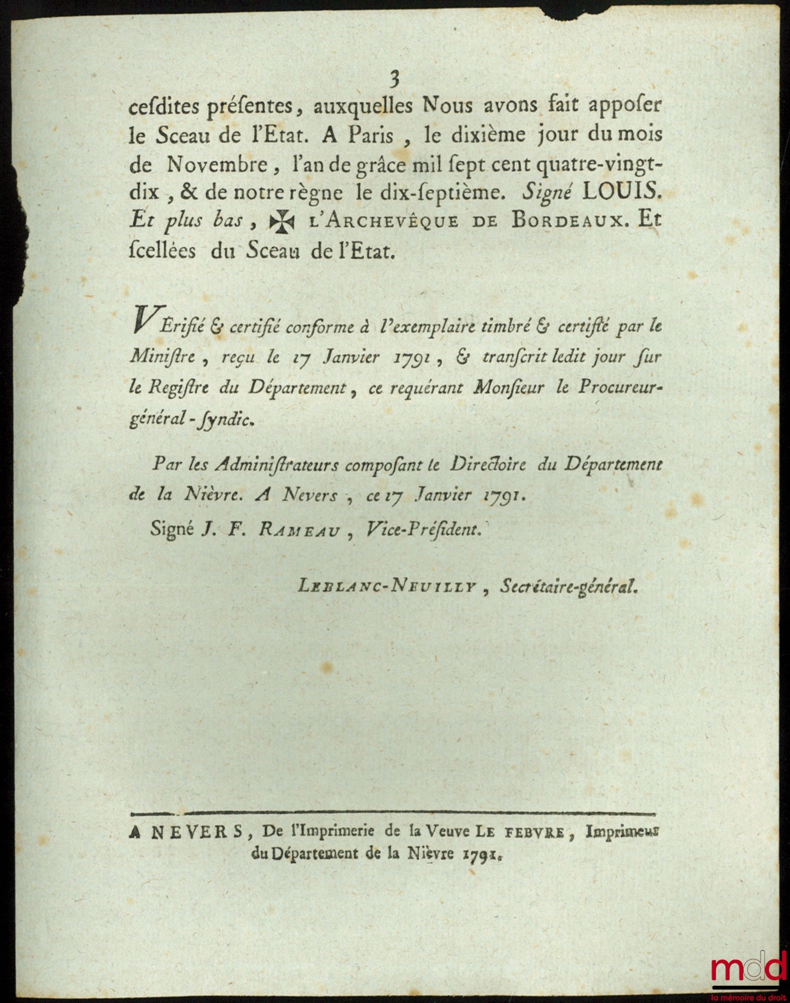 Loi, RELATIVE AUX CAPORAUX & TAMBOURS DES RÉGIMENS SUISSES. Donnée à Paris, le 10 Novembre 1790, signé : Louis, et L’Archevêque de Bordeaux, bull. n° 269