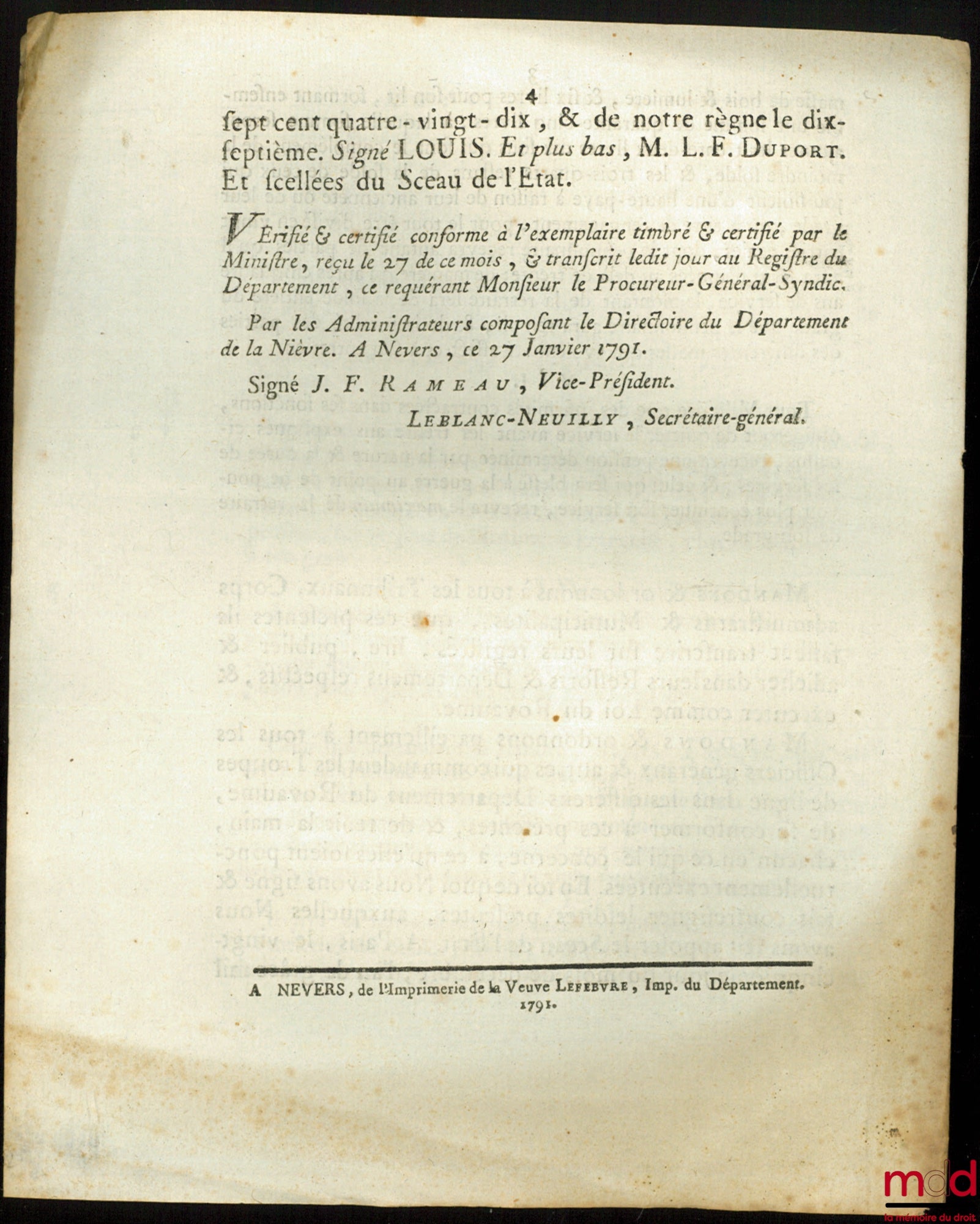 Loi, RELATIVE AU TRAITEMENT DES MILITAIRES. Donnée à Paris, le 25 Décembre 1790, signé : Louis, M.L.F. Duport