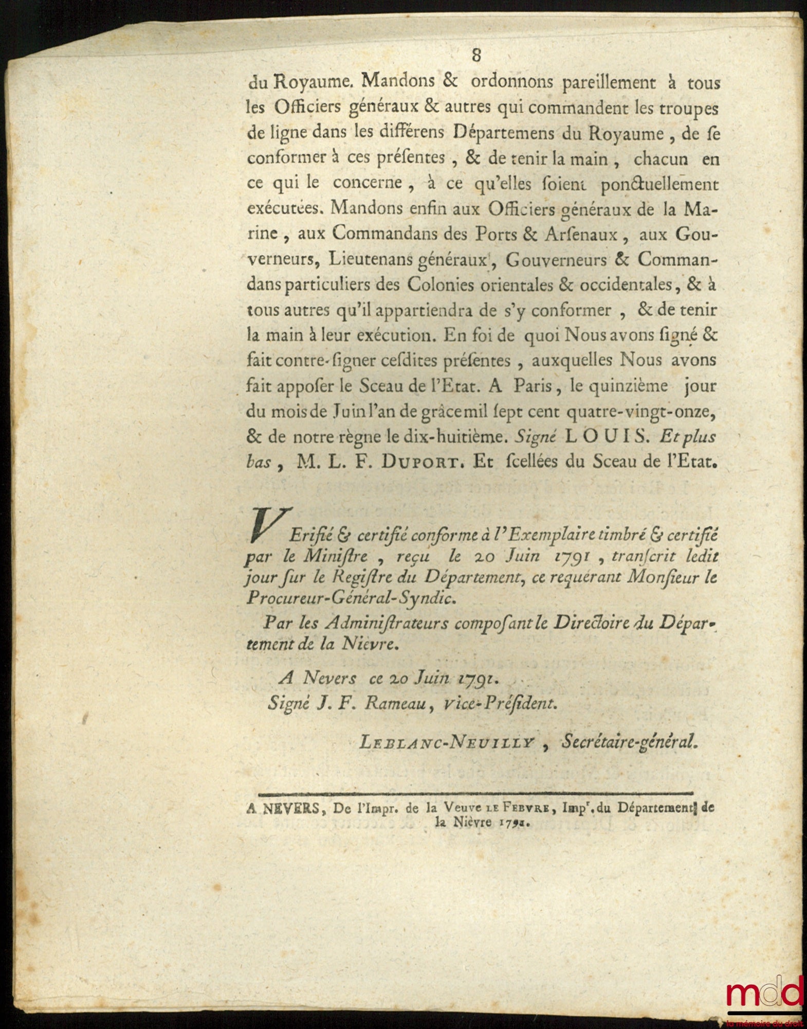 Law concerning the oath to be taken by officers of all ranks and soldiers of the French army, and also containing special provisions for the former Prince of Condé. Given in Paris, June 15, 1791, signed: Louis, MLF Duport, bull. no. 999