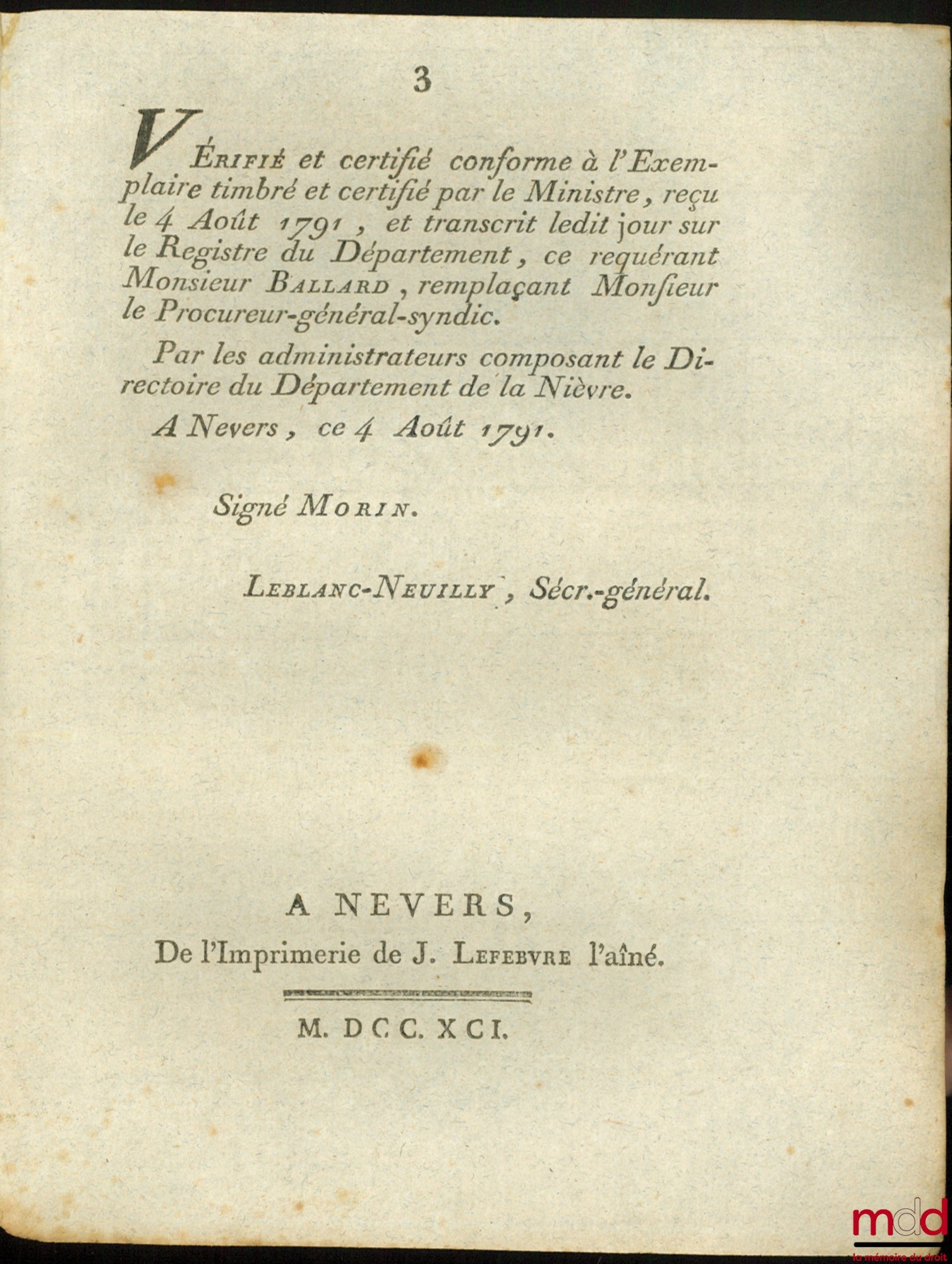 Loi RELATIVE AUX OFFICIERS GÉNÉRAUX ET À LEURS AIDES-DE-CAMP. Donnée à Paris, le 6 Juillet 1791, signé : M.L.F. Duport, bull. n° 1076