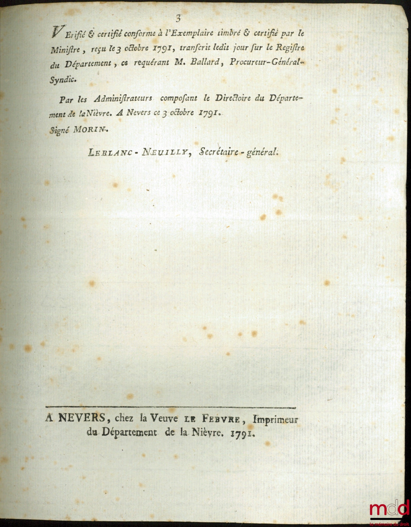Loi RELATIVE AUX NOMINATIONS D’OFFICIERS DE LA GENDARMERIE NATIONALE, FAITES PAR LES DIRECTOIRES DES DÉPARTEMENS. Donnée à Paris, le 12 Septembre 1791, signé : M.L.F. Duport, bull. n° 1267