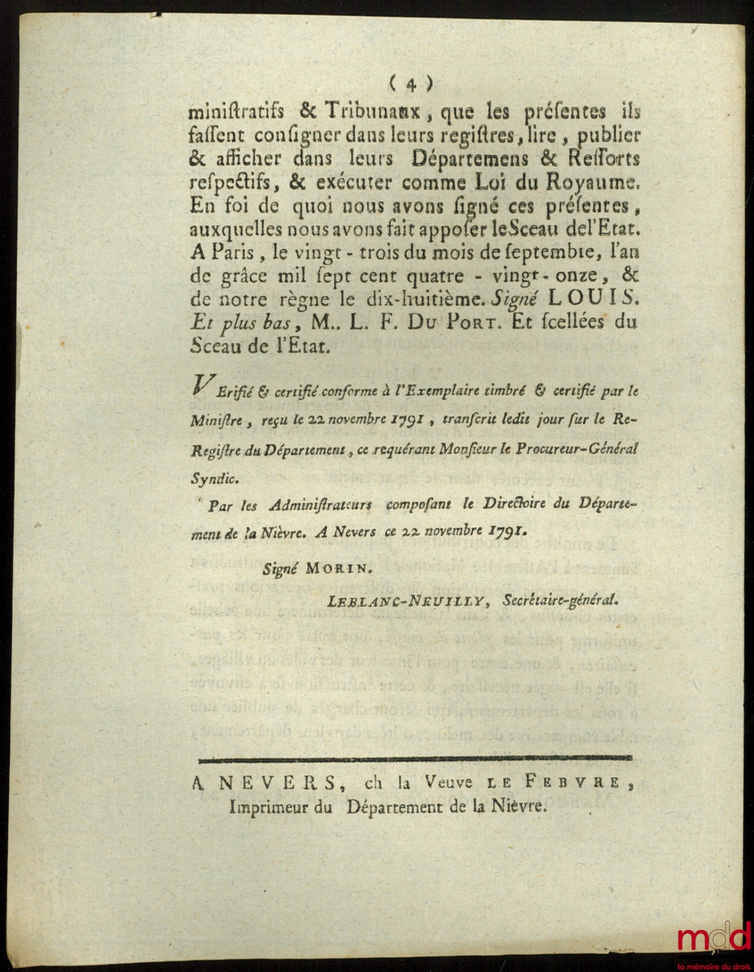 Law establishing the rules to be followed for plans to be made pursuant to Articles XXI & XXX of the decree of 4 & 21 August 1791. Given in Paris, on 23 September 1791, signed: Louis, MLF Duport, bull. no. 1296