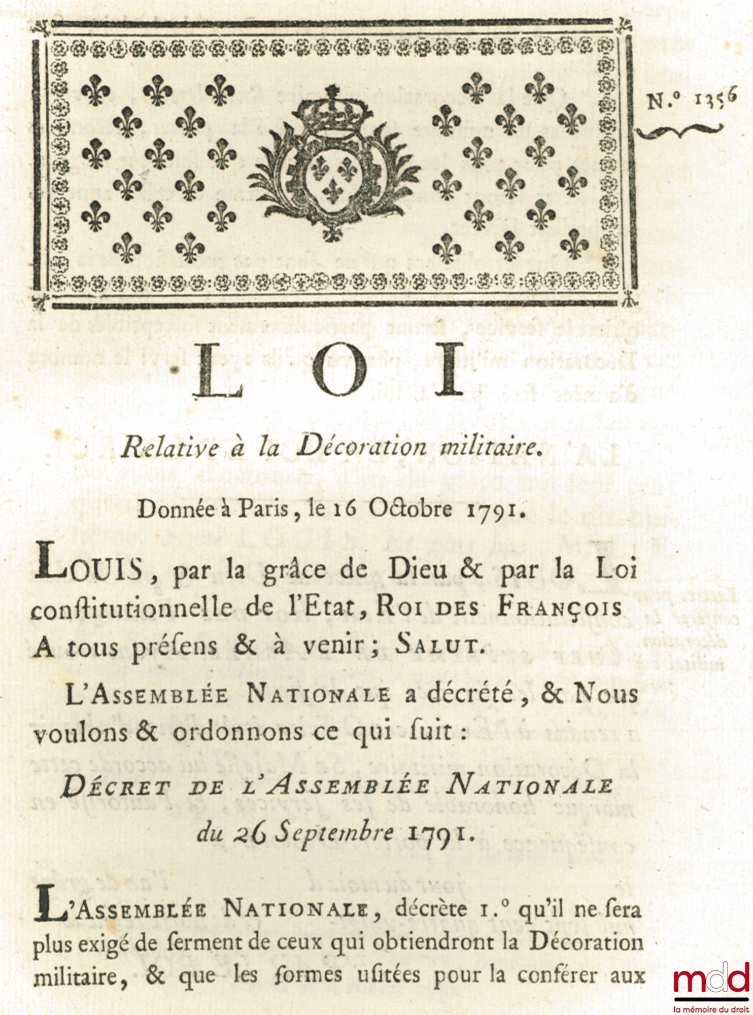 Law Relating to Military Decoration. Given in Paris, October 16, 1791, signed: Louis, MLF Duport, bull. no. 1356