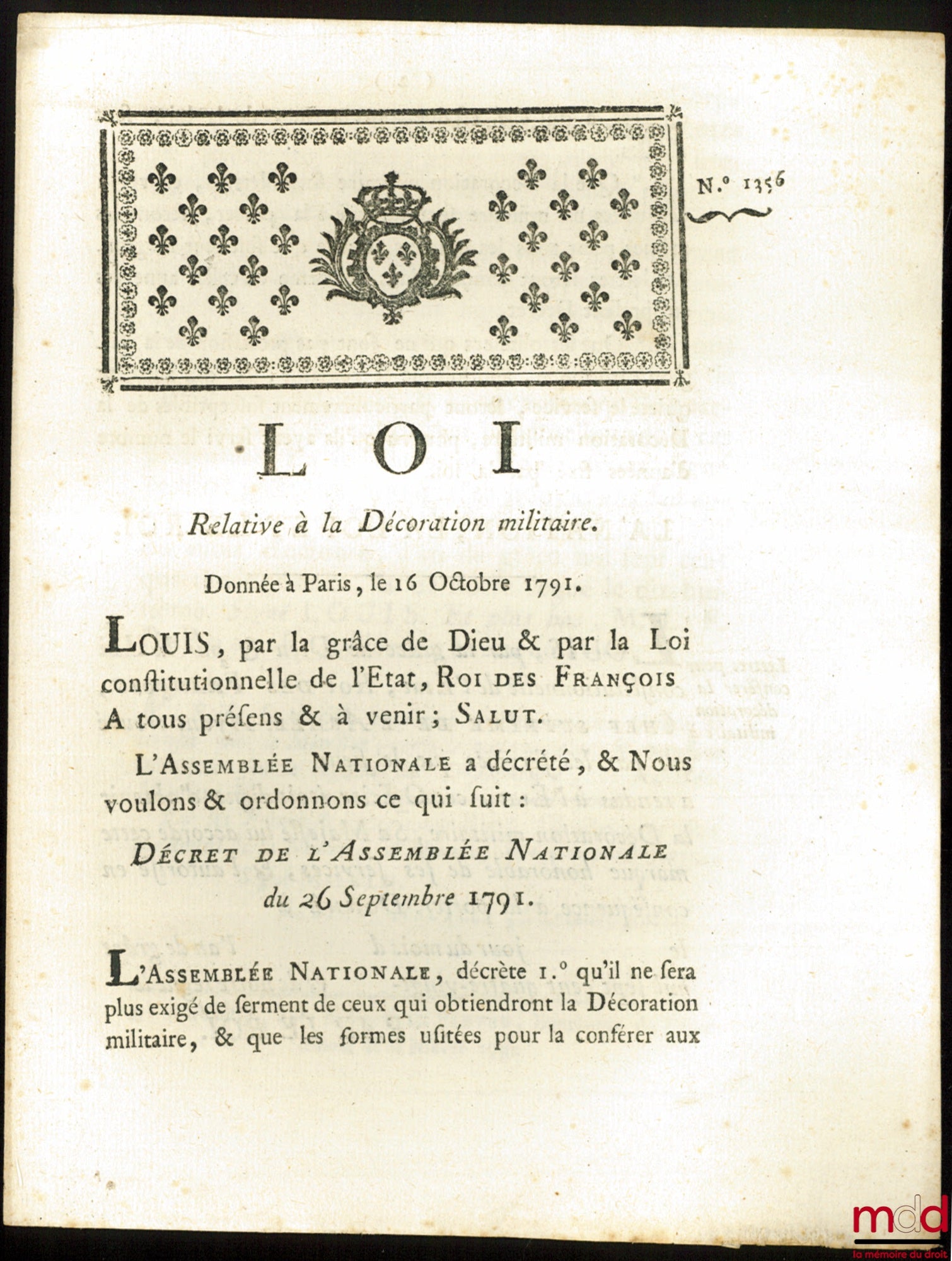 Law Relating to Military Decoration. Given in Paris, October 16, 1791, signed: Louis, MLF Duport, bull. no. 1356