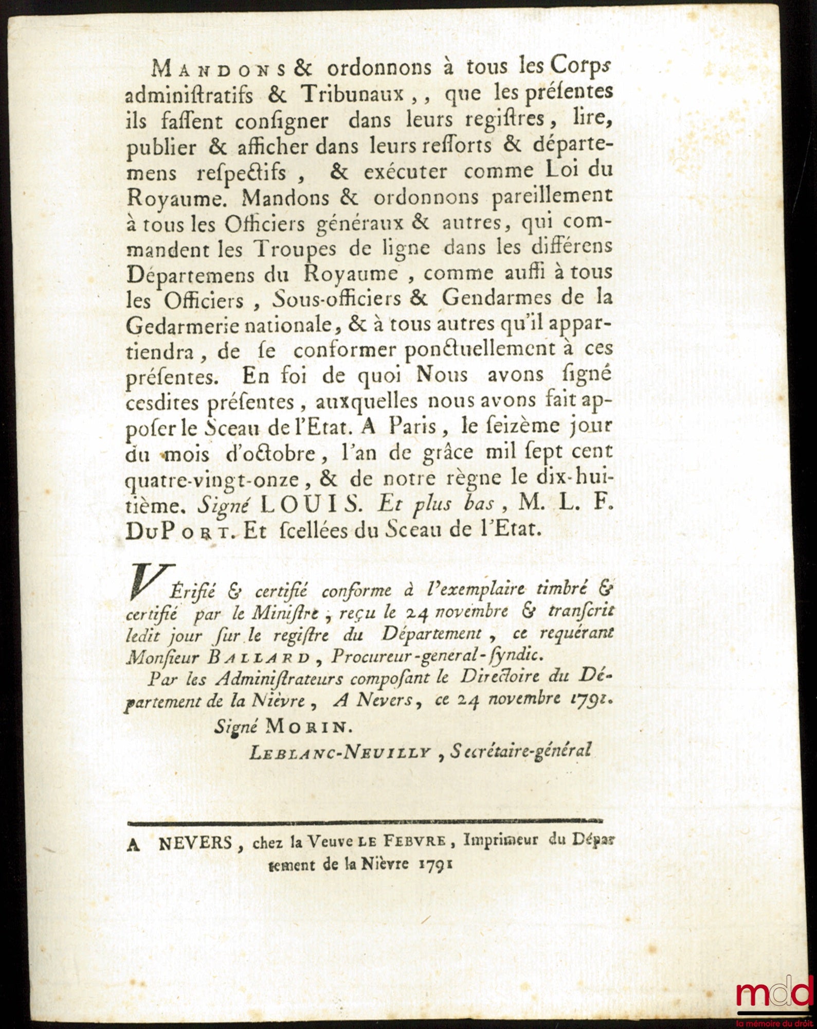Law Relating to Military Decoration. Given in Paris, October 16, 1791, signed: Louis, MLF Duport, bull. no. 1356
