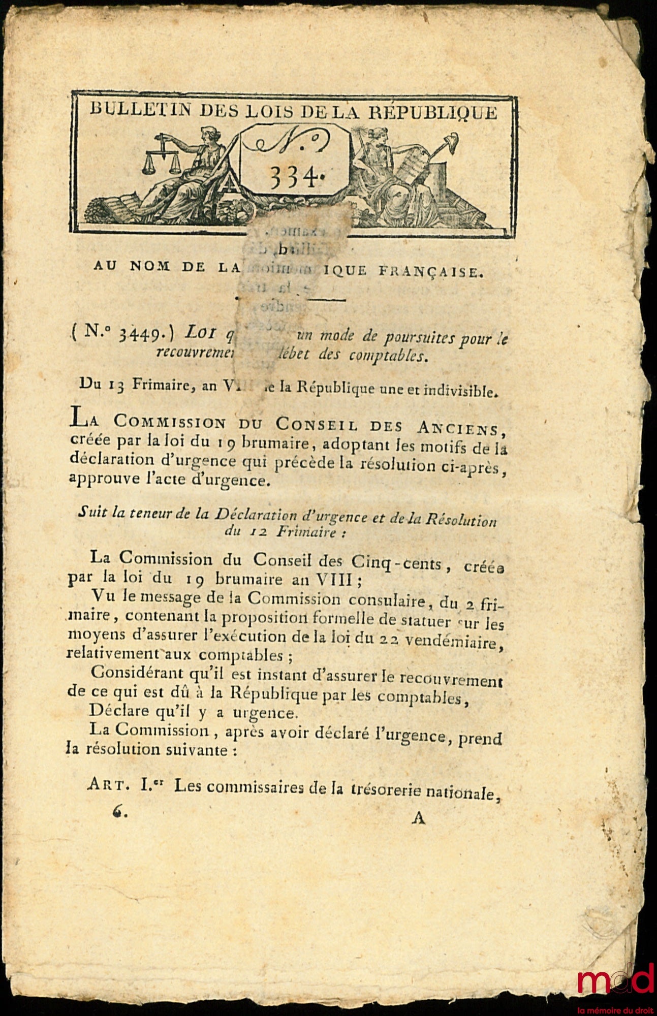 LOI QUI RÈGLE UN MODE DE POURSUITES POUR LE RECOUVREMENT DU DÉBET DES COMPTABLES, Bulletin des Lois de la République, Au nom de la République française, bull. n° 334, lois n° 3349 à 3459