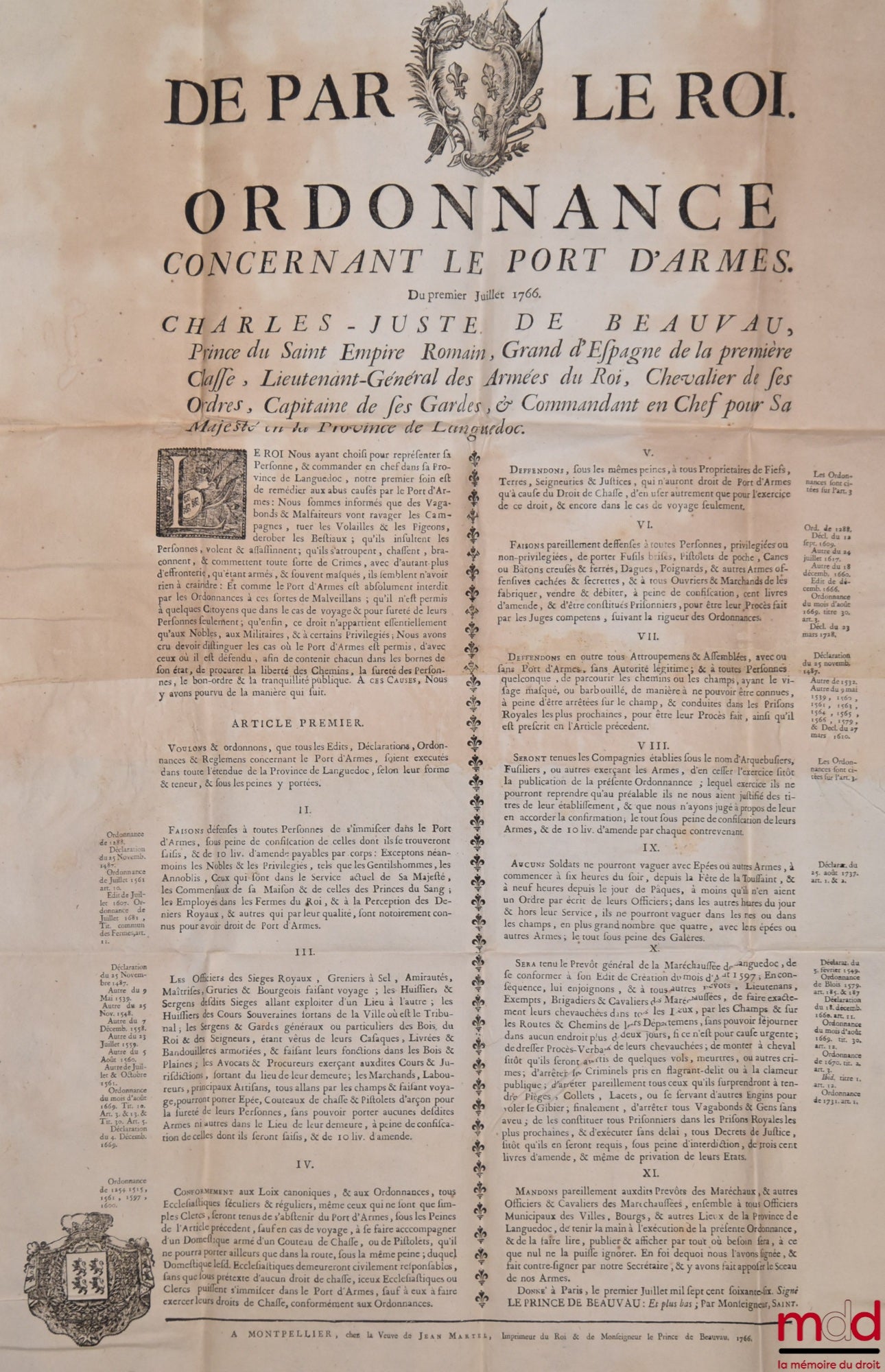 BY ORDER OF THE KING. ORDINANCE CONCERNING THE CARRYING OF WEAPONS. Dated July 1, 1766. Charles-Juste de Beauvau