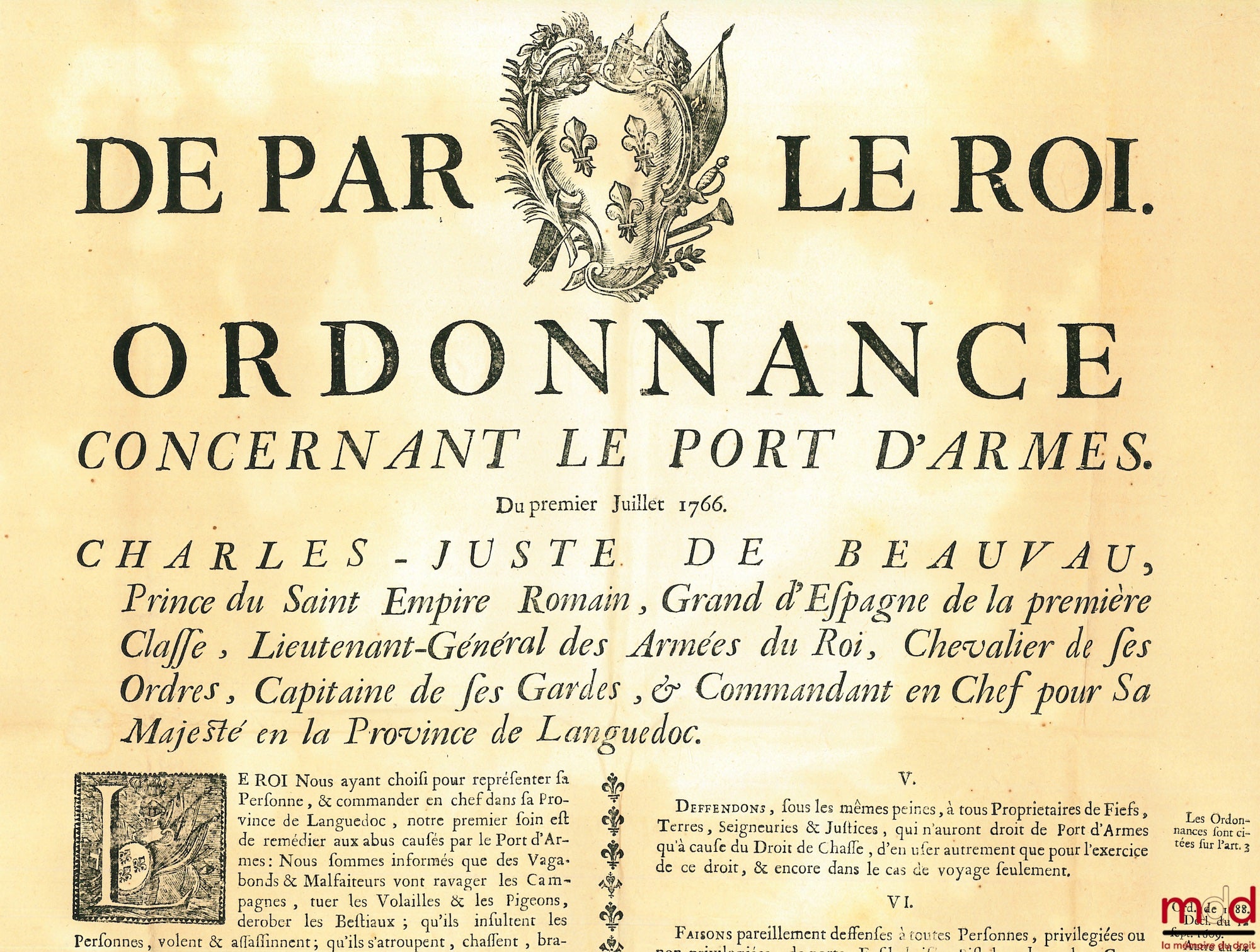 BY ORDER OF THE KING. ORDINANCE CONCERNING THE CARRYING OF WEAPONS. Dated July 1, 1766. Charles-Juste de Beauvau