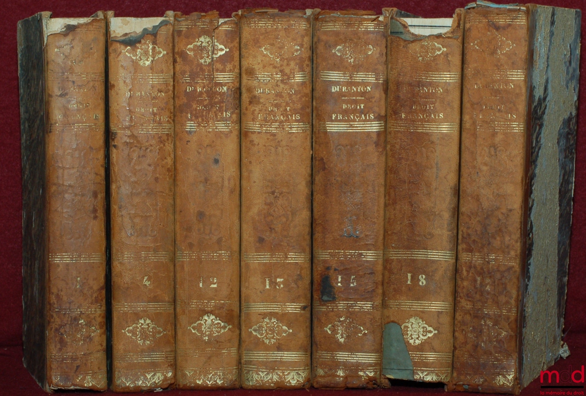 DURANTON (Alexandre) – COURSE OF FRENCH LAW ACCORDING TO THE CIVIL CODE, 3rd ed.; t. I, IV, XII, XIII, XV, XVII (missing t. II, III, V, VI, VII, VIII, IX, X, XI, XII, XIV, XVI and XIX)