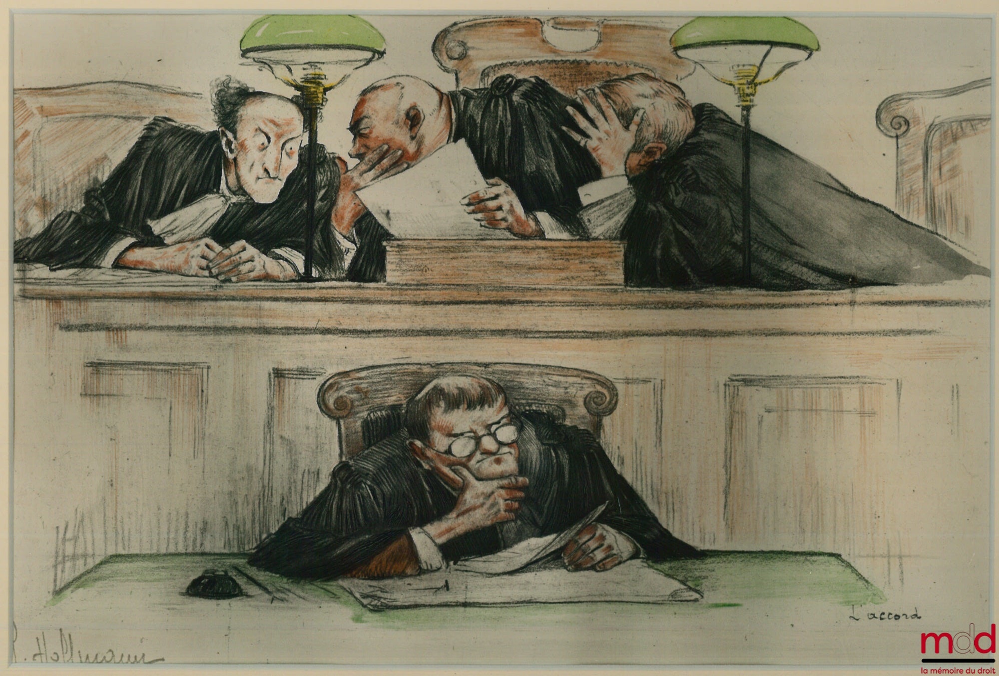 HOFFMANN (Gaston) – COLOUR LITHOGRAPH depicting the judges deliberating, and at the bottom of which one reads: “The agreement”