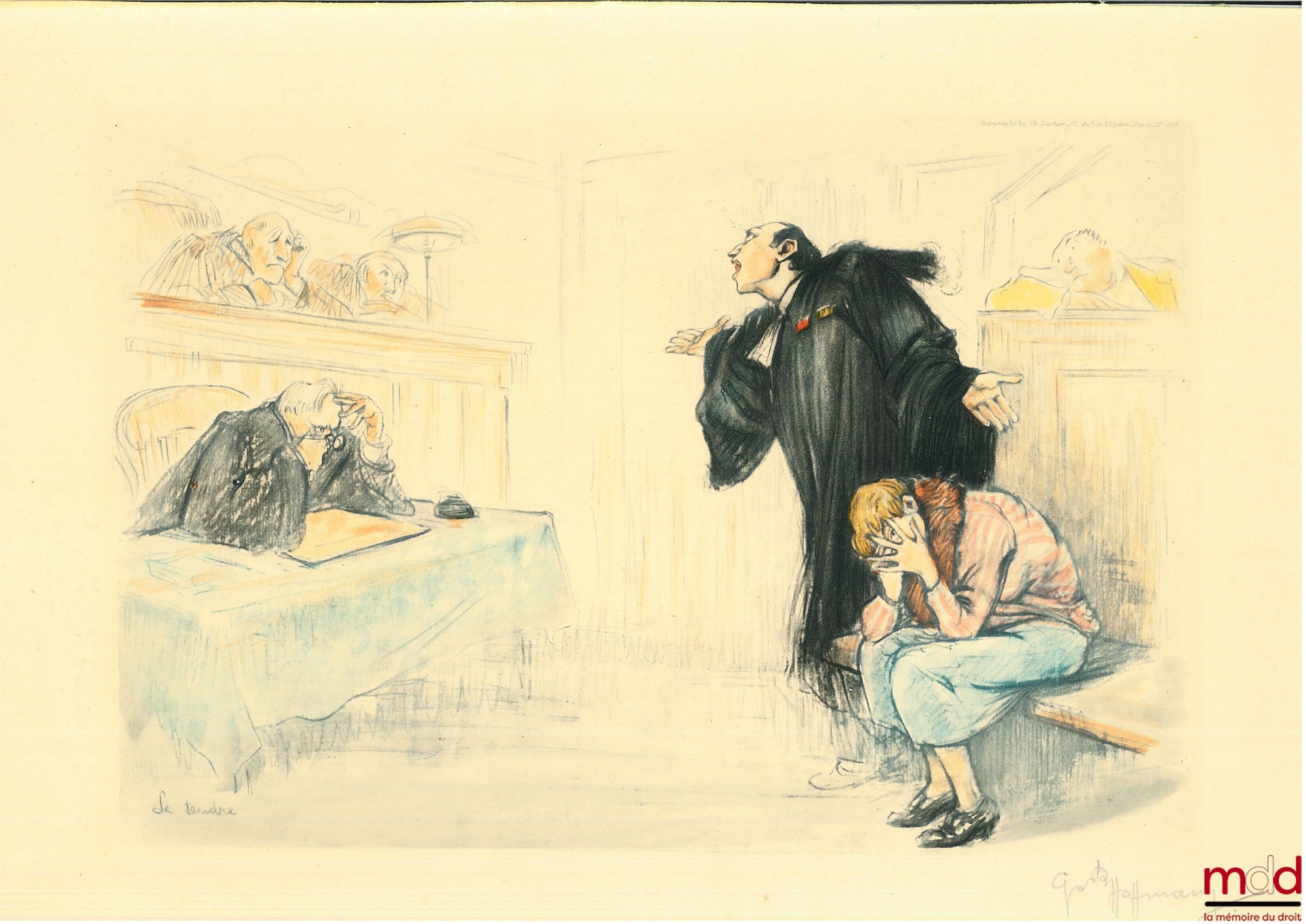 HOFFMANN (Gaston) – « Le tendre », LITHOGRAPHIE COULEUR représentant un avocat en pleine plaidoirie devant son client atterré et une cour en pleurs