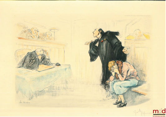 HOFFMANN (Gaston) – « Le tendre », LITHOGRAPHIE COULEUR représentant un avocat en pleine plaidoirie devant son client atterré et une cour en pleurs