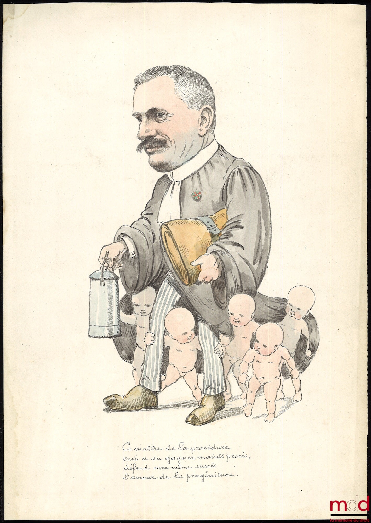 [Lithographie], AMIAUX (Abel) – Caricature couleur d’un avocat des Deux-Sèvres avec le texte suivant : « Ce maître de la procédure qui a su gagner maints procès, défend avec même succès l’amour de sa progéniture »