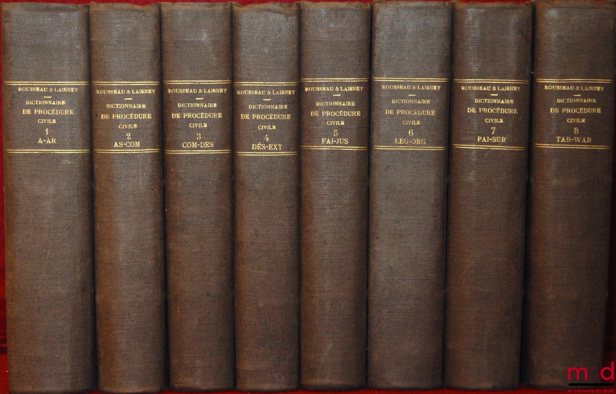ROUSSEAU (Rodolphe) et LAISNEY (Eugène Ernest) – DICTIONNAIRE THÉORIQUE ET PRATIQUE DE PROCÉDURE CIVILE, COMMERCIALE, CRIMINELLE ET ADMINISTRATIVE AVEC FORMULES DE TOUS LES ACTES