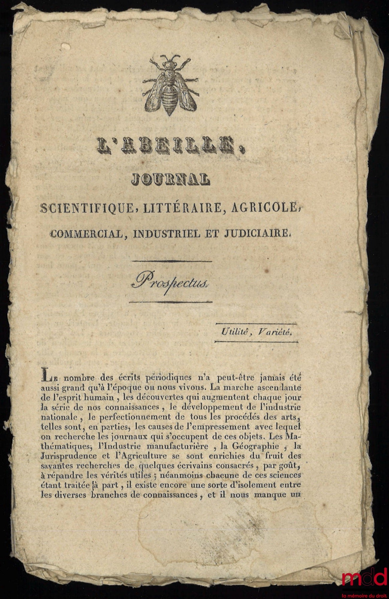 [Périodique] – L’ABEILLE, Journal scientifique, littéraire, agricole, commercial, industriel et judiciaire, PROSPECTUS et POÉSIE, [n° 1]