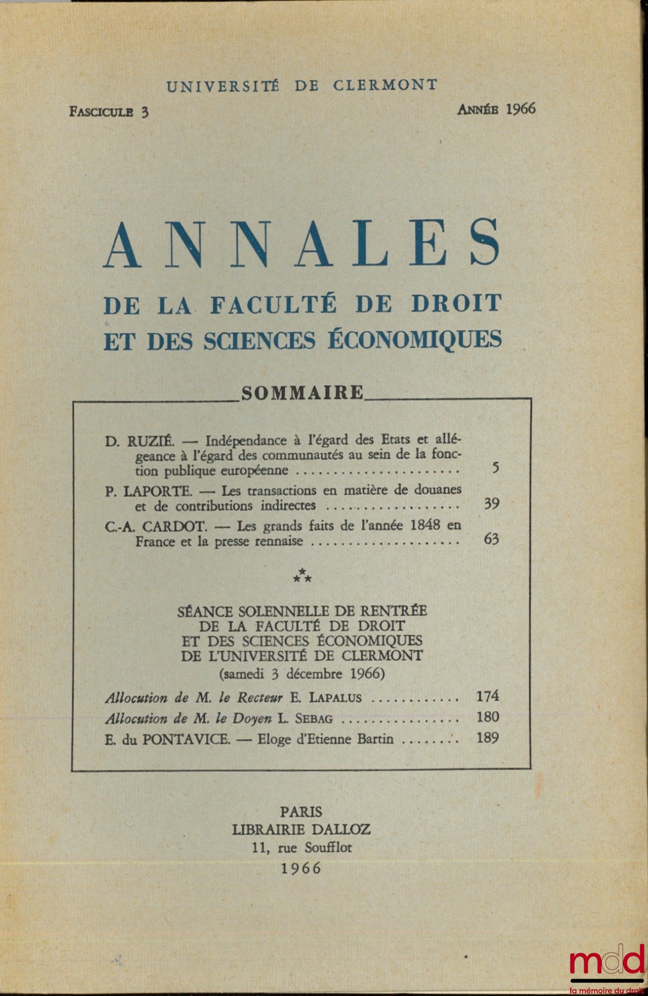 [Collective] – Annals of the Faculty of Law and Economics, University of Clermont, fasc. 3, year 1966