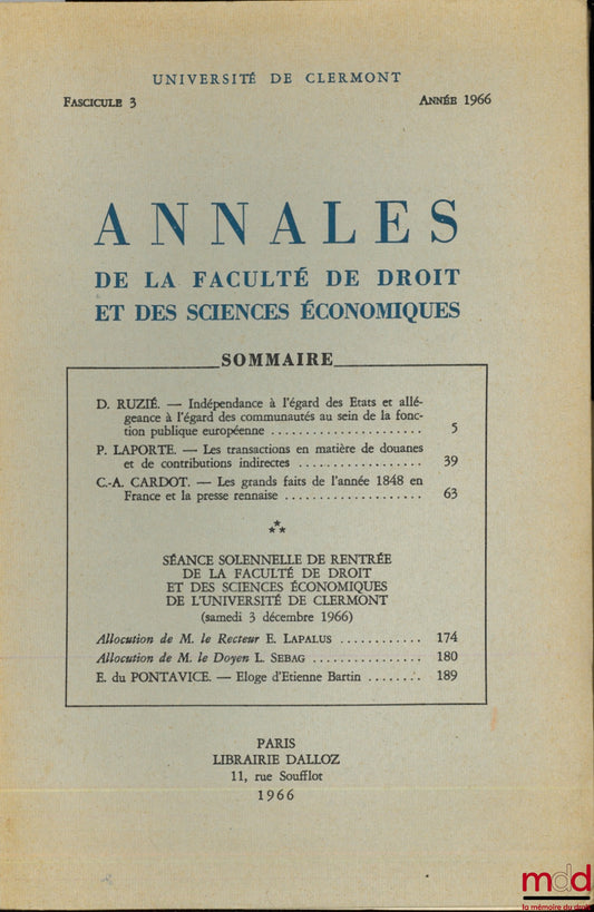 [Collective] – Annals of the Faculty of Law and Economics, University of Clermont, fasc. 3, year 1966