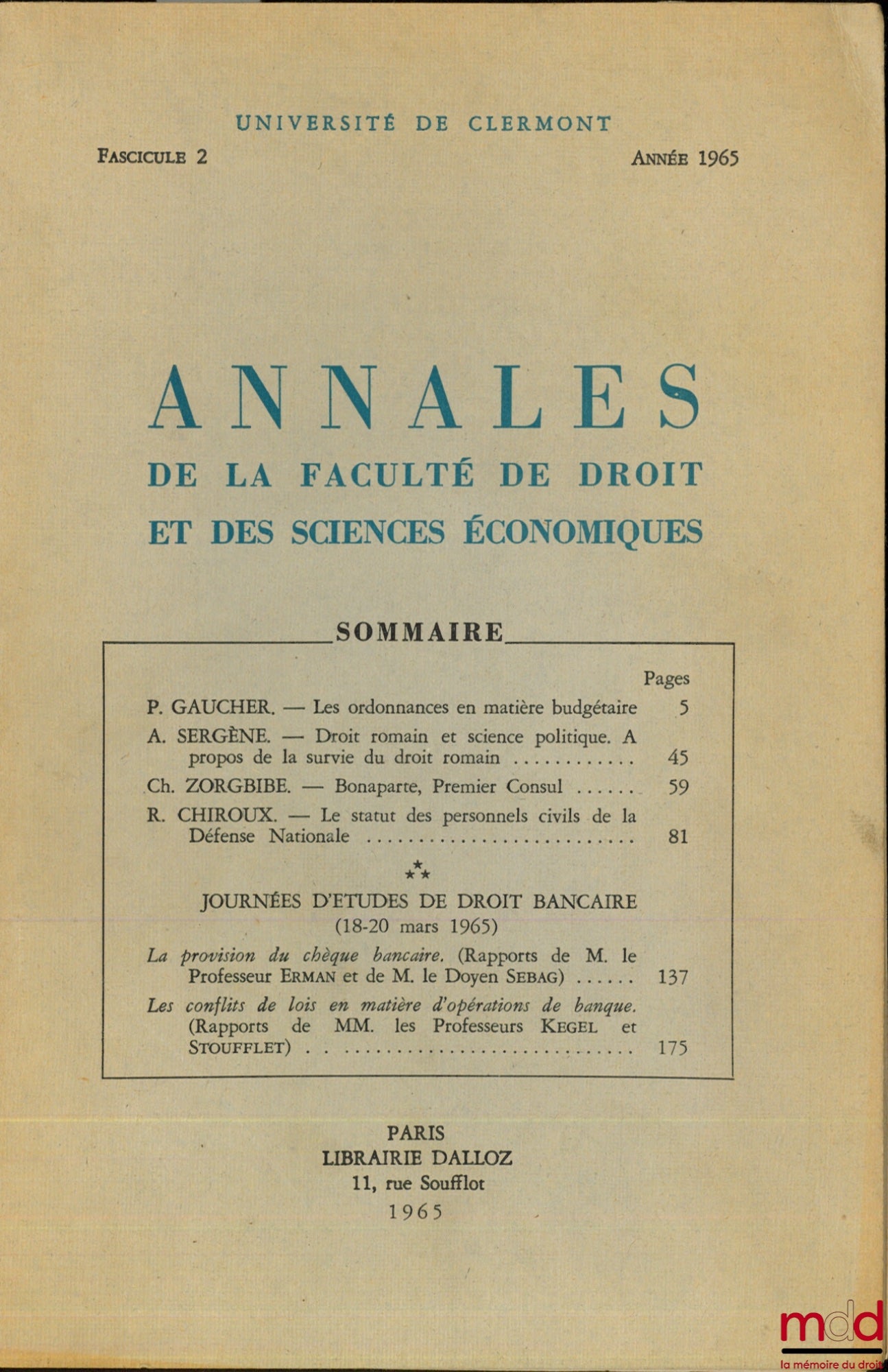 [Collective] – Annals of the Faculty of Law and Economics, University of Clermont, fasc. 2, year 1965