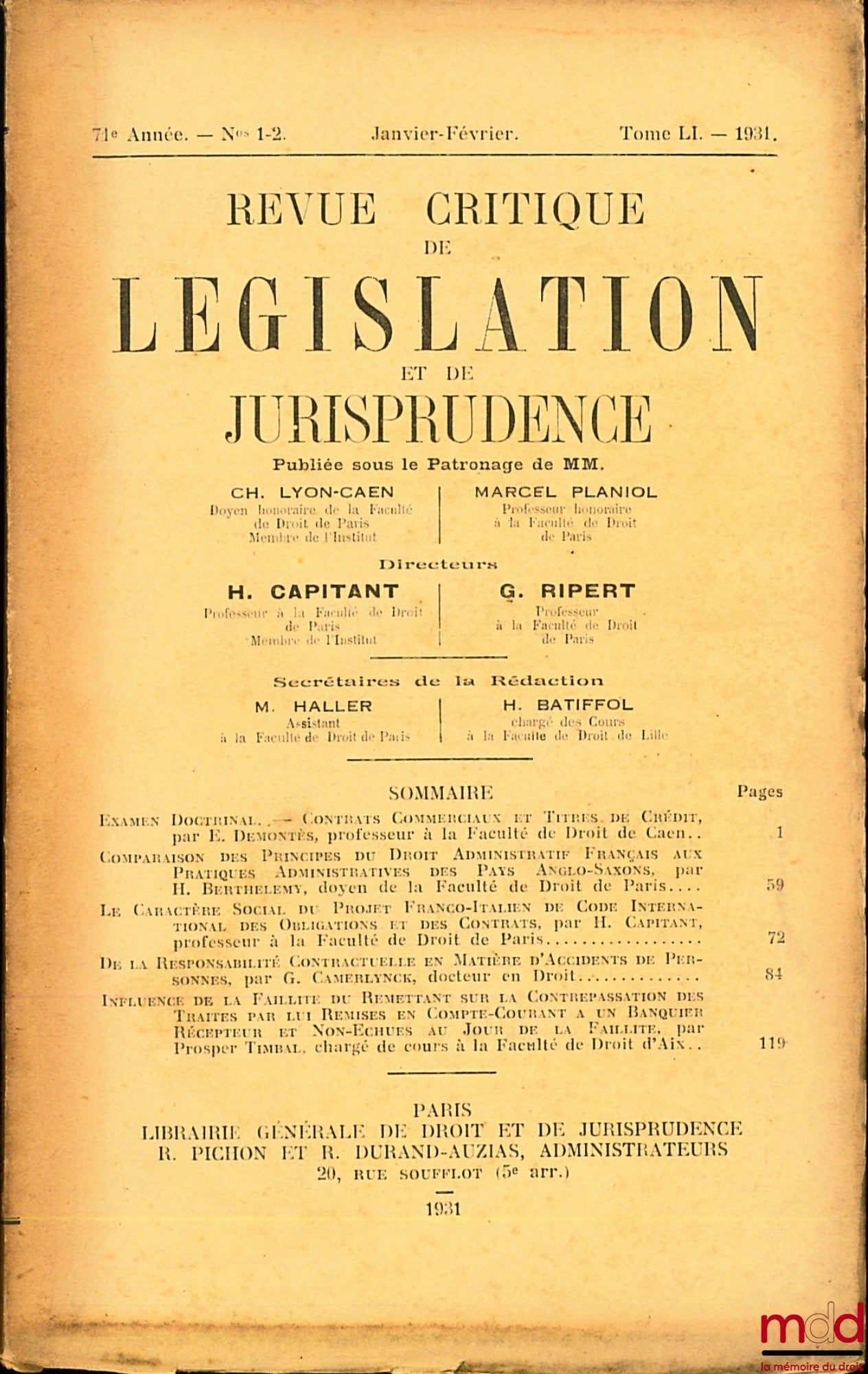 CRITICAL REVIEW OF LEGISLATION AND JURISPRUDENCE No. 1-2, Vol. LI, 1931