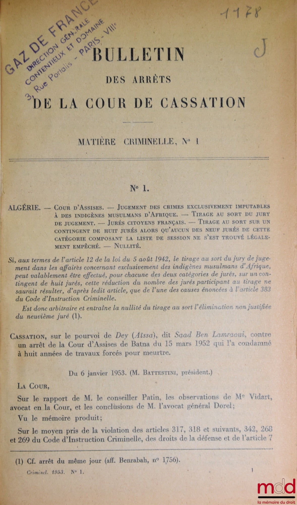 [Bulletin criminel] – BULLETIN DES ARRÊTS DE LA COUR DE CASSATION, Chambre criminelle, 1953 à 2006 [complet]