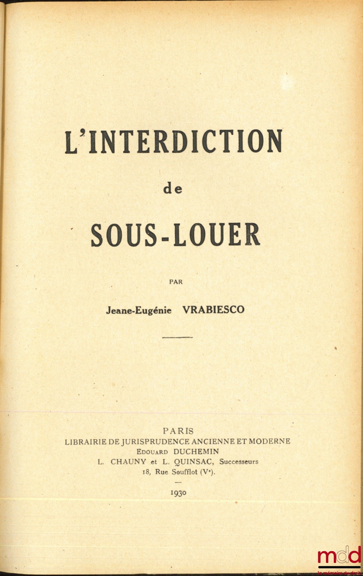 VRABIESCO (Jeane-Eugénie) – THE BAN ON SUBLETTING