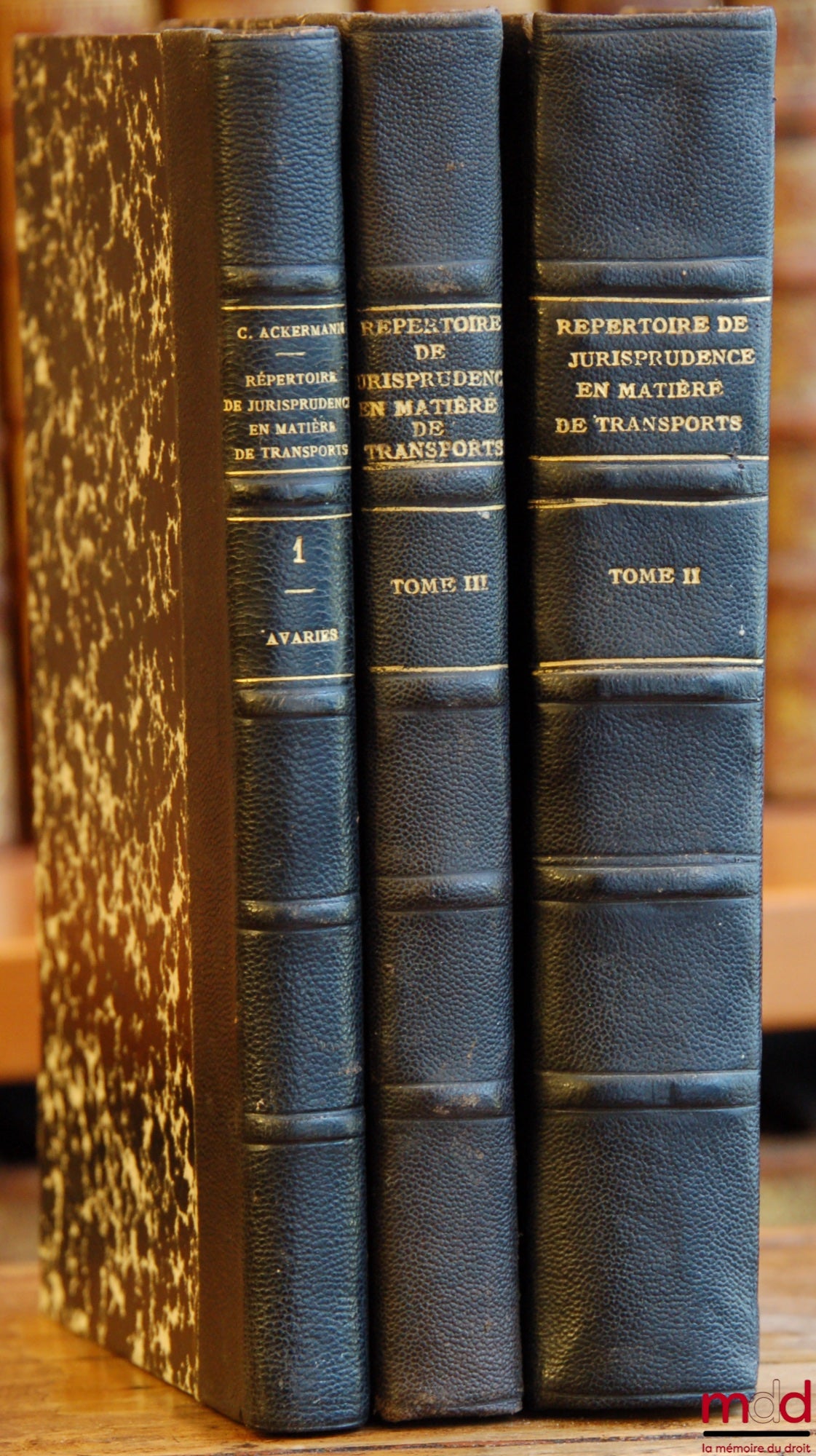 ACKERMANN (Charles) – RÉPERTOIRE DE JURISPRUDENCE EN MATIÈRE DE TRANSPORTS, t. I : Avaries avec la reproduction de “Lettre de voiture 1787” ; t. II : Manquants - Pertes - Déchets (avec 1 illustration), Préface de M. le Dr Albert Richard ;