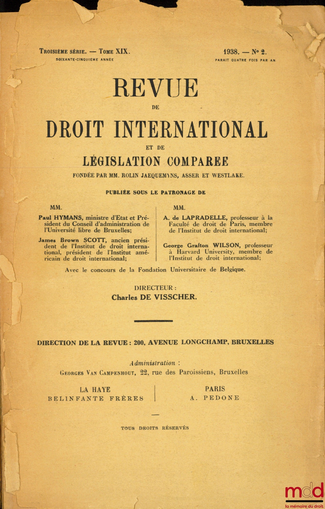 ROUSSEAU (Charles) – NON-INTERVENTION IN SPAIN, issue no. 2/1938 of the Revue de Droit internationale et de Législation Comparée founded by Messrs. Rolin, Jaequemyns, Asser and Westlake, Vol. XIX