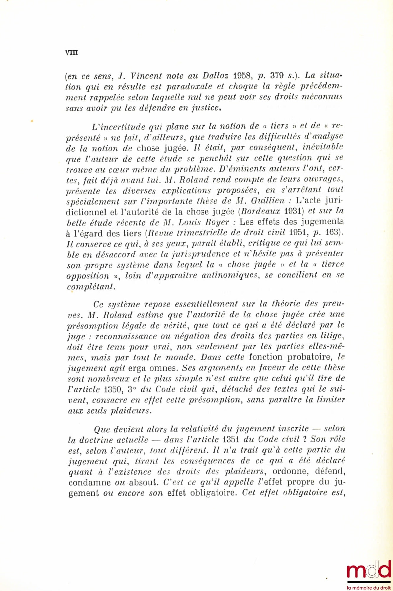 ROLAND (Henri) – RES JUDICATA AND THIRD-PARTY OPPOSITION, Preface by Boris Starck, Private Law Library, vol. XIII