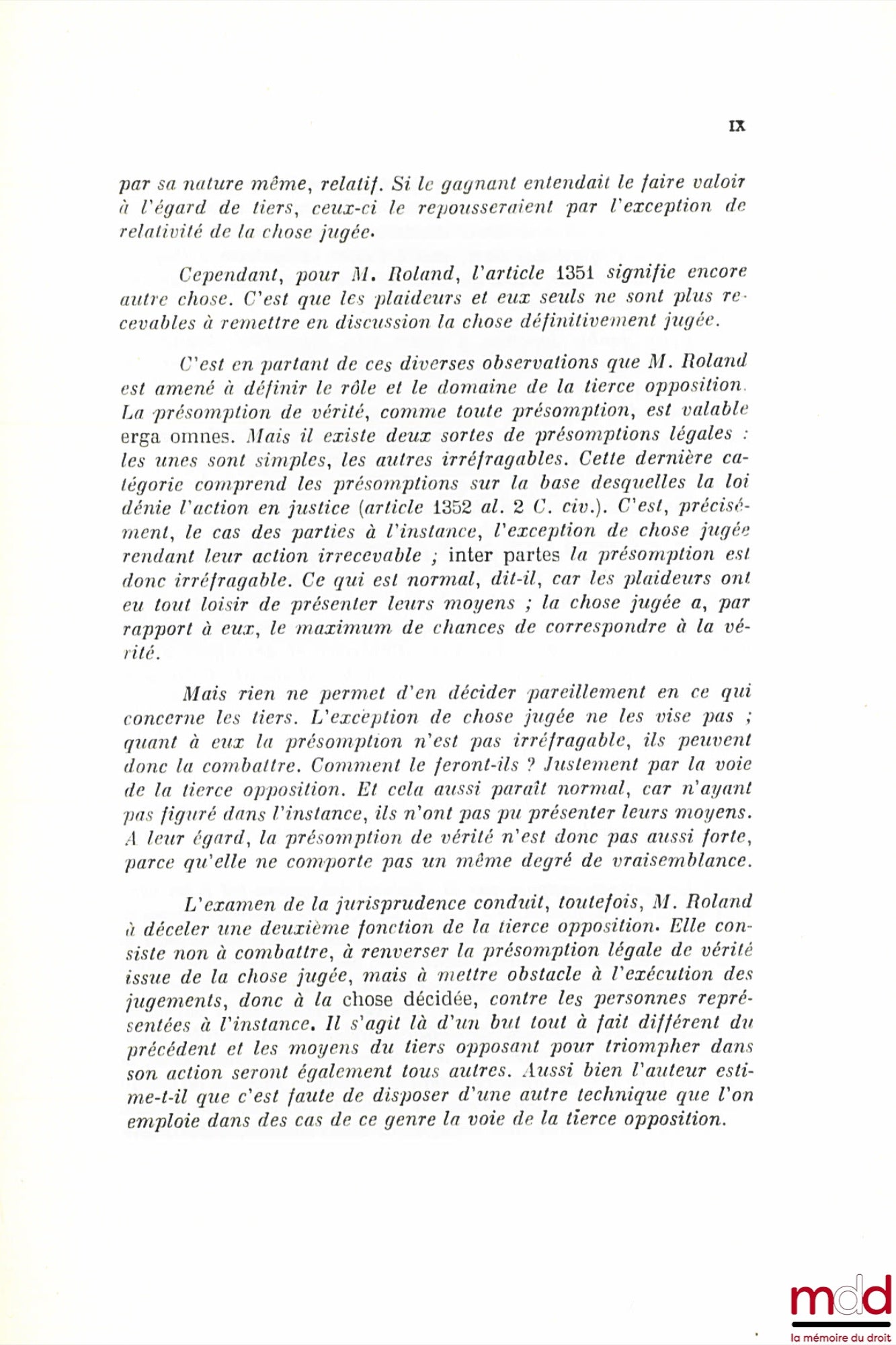 ROLAND (Henri) – RES JUDICATA AND THIRD-PARTY OPPOSITION, Preface by Boris Starck, Private Law Library, vol. XIII