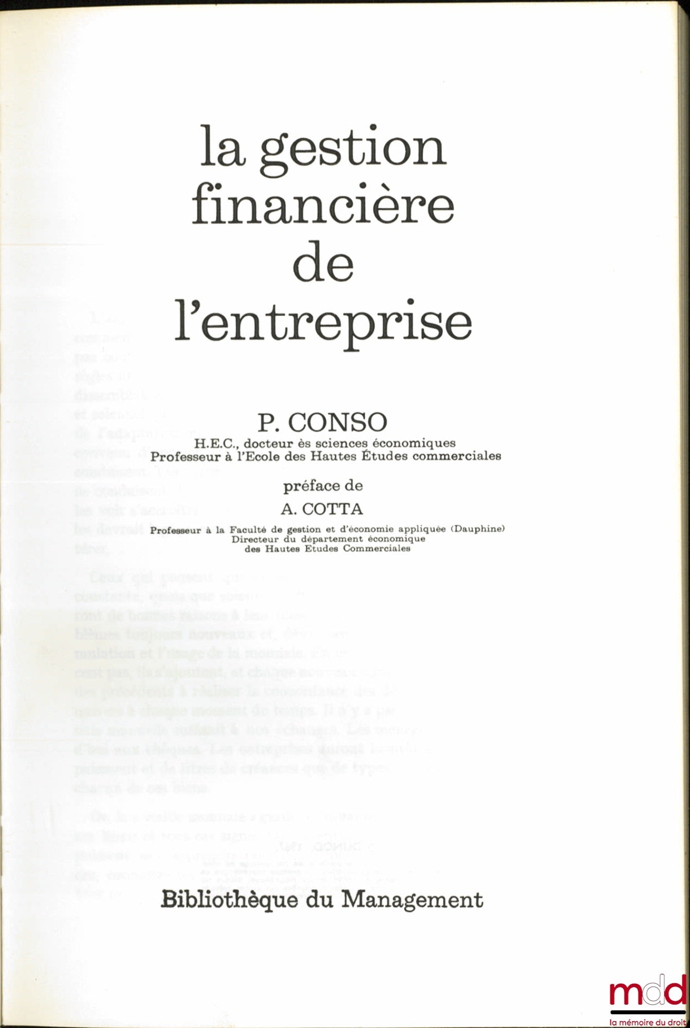 CONSO (Pierre) – THE FINANCIAL MANAGEMENT OF THE COMPANY, Preface by A. Cotta, Management Library, vol. 3