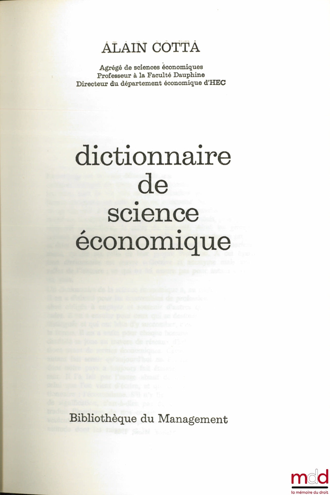 COTTA (Alain) – DICTIONNAIRE DE SCIENCE ÉCONOMIQUE, Bibl. du Management, t. 7