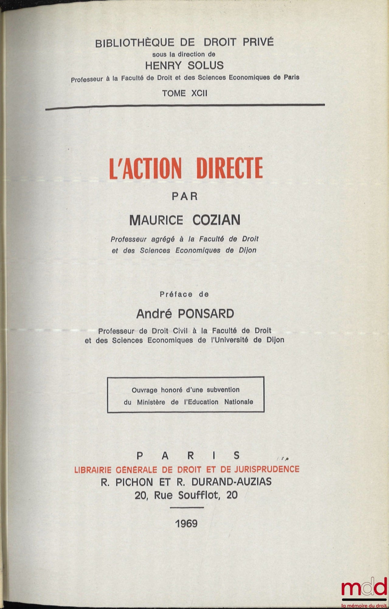 COZIAN (Mauritius) – DIRECT ACTION, Preface by André Ponsard, Bibl. of private law, t. XCII