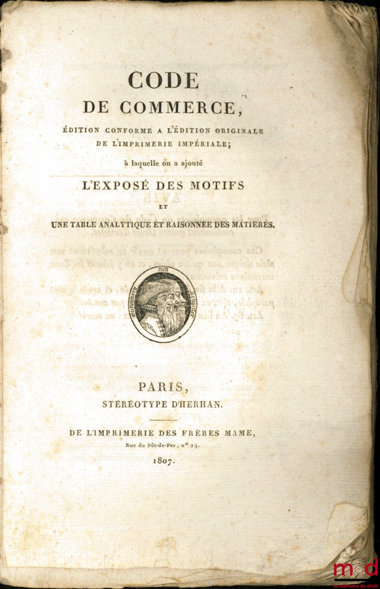 [Commercial Code] – COMMERCIAL CODE, Edition conforming to the original edition of the Imperial Printing Office; to which has been added the statement of reasons and an analytical and reasoned Table of Contents