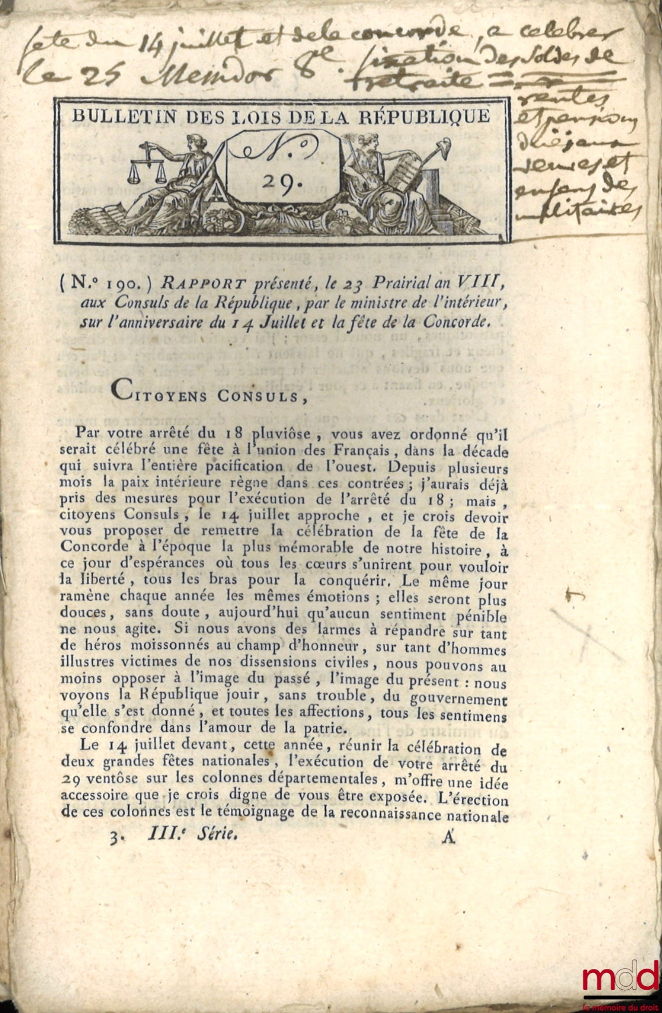 [Affaires générales, Messages de sa Majesté l’Empereur et Proclamations du Roi] – ENSEMBLE DE 20 BULLETINS DES LOIS : Directoire exécutif, Ministère de la police générale de la République, (signé Foissac-La-Tour), 24 fructidor An IV, [7 p.] ; Bulletin déc