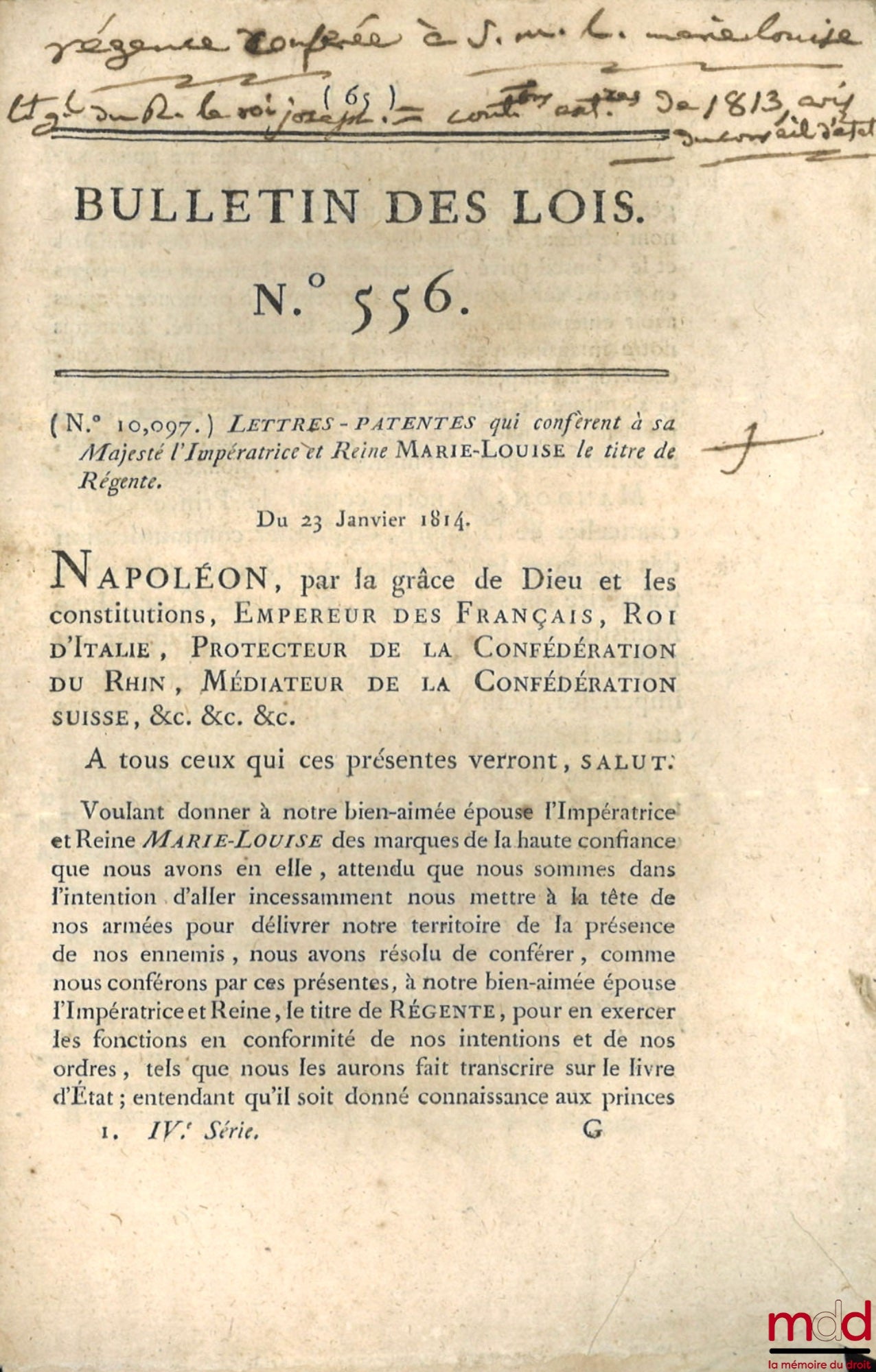 [Affaires générales, Messages de sa Majesté l’Empereur et Proclamations du Roi] – ENSEMBLE DE 20 BULLETINS DES LOIS : Directoire exécutif, Ministère de la police générale de la République, (signé Foissac-La-Tour), 24 fructidor An IV, [7 p.] ; Bulletin déc