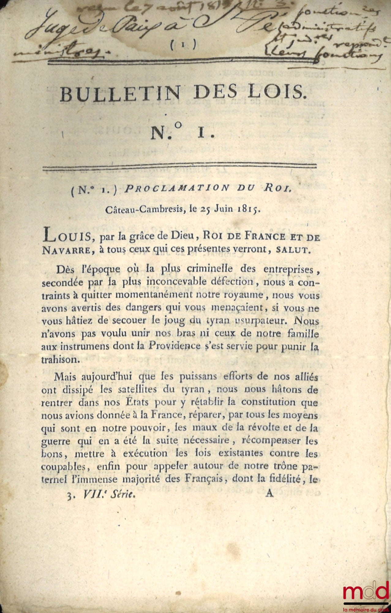 [Affaires générales, Messages de sa Majesté l’Empereur et Proclamations du Roi] – ENSEMBLE DE 20 BULLETINS DES LOIS : Directoire exécutif, Ministère de la police générale de la République, (signé Foissac-La-Tour), 24 fructidor An IV, [7 p.] ; Bulletin déc