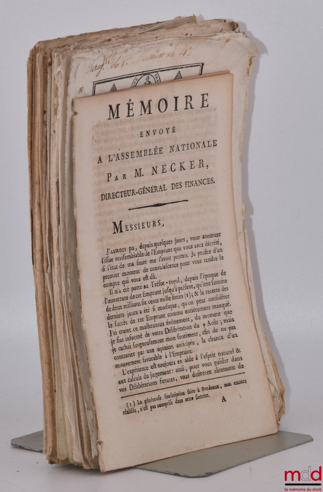 [Campagne d’Italie, Coup d’état du 18 brumaire An VIII, Abdication de Napoléon] – ENSEMBLE DE 14 BULLETINS DES LOIS : Mémoire envoyé à l’Assemblée nationale par M. Necker Directeur général des finances, 27 août 1789, [15 p.] ; Bulletin des lois de la Répu
