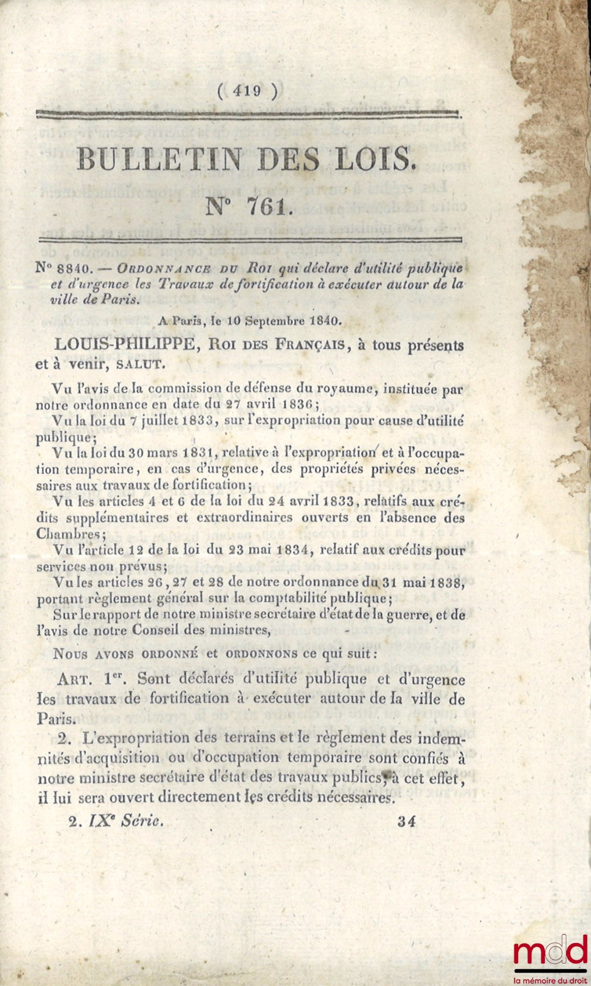 [Convention between France and Sardinia, various] – COLLECTION OF 16 LAW BULLETINS: Law Bulletin No. 313, Royal Ordinance on the Sugar Premium, July 8, 1834, [16 p.]; Law Bulletin No. 388, Royal Ordinance relating to Customs, 10