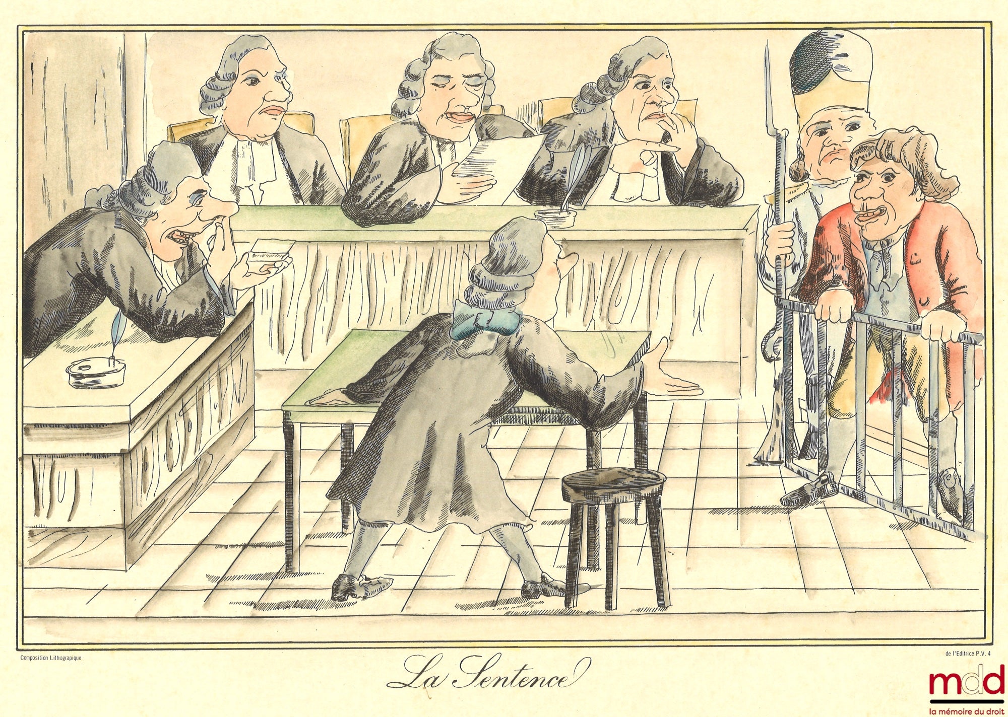 [Anonymous] – THE SENTENCE, polychrome lithograph of a trial