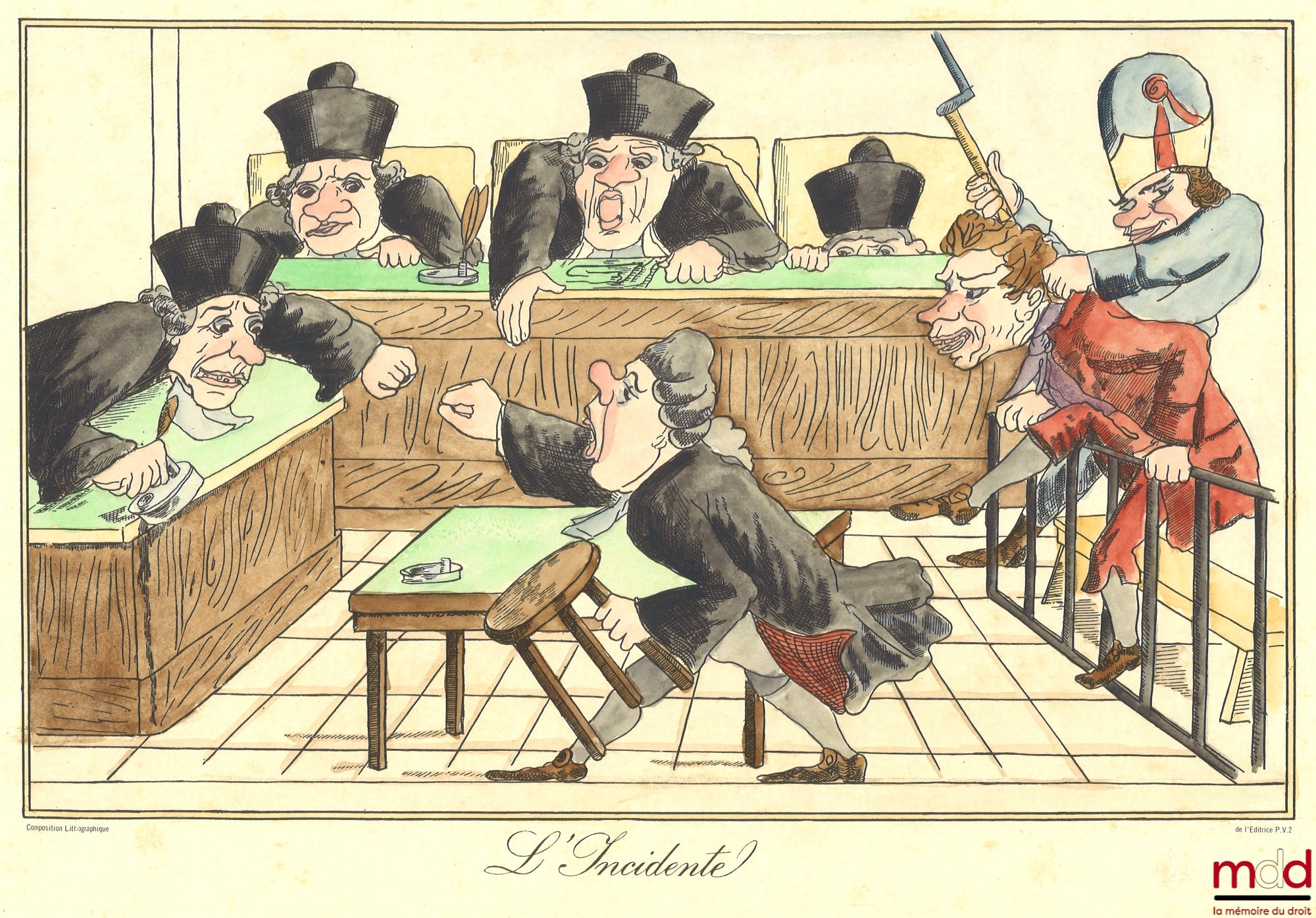 [Anonymous] – THE INCIDENT, polychrome lithograph of a trial