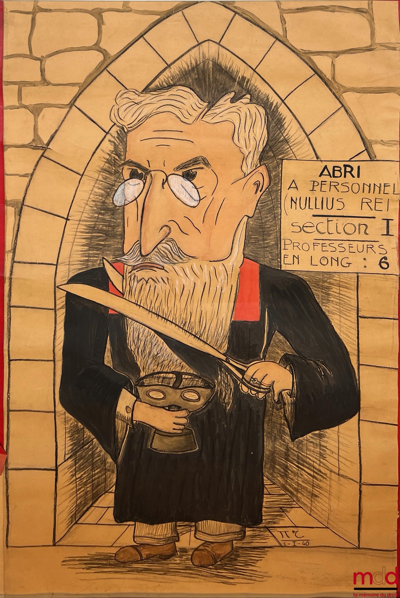NÉGRIER (Pierre) – CARICATURE D’UN PROFESSEUR DE DROIT TENANT UN MASQUE À GAZ