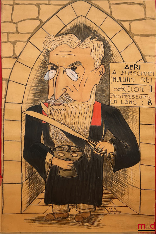 NÉGRIER (Pierre) – CARICATURE D’UN PROFESSEUR DE DROIT TENANT UN MASQUE À GAZ