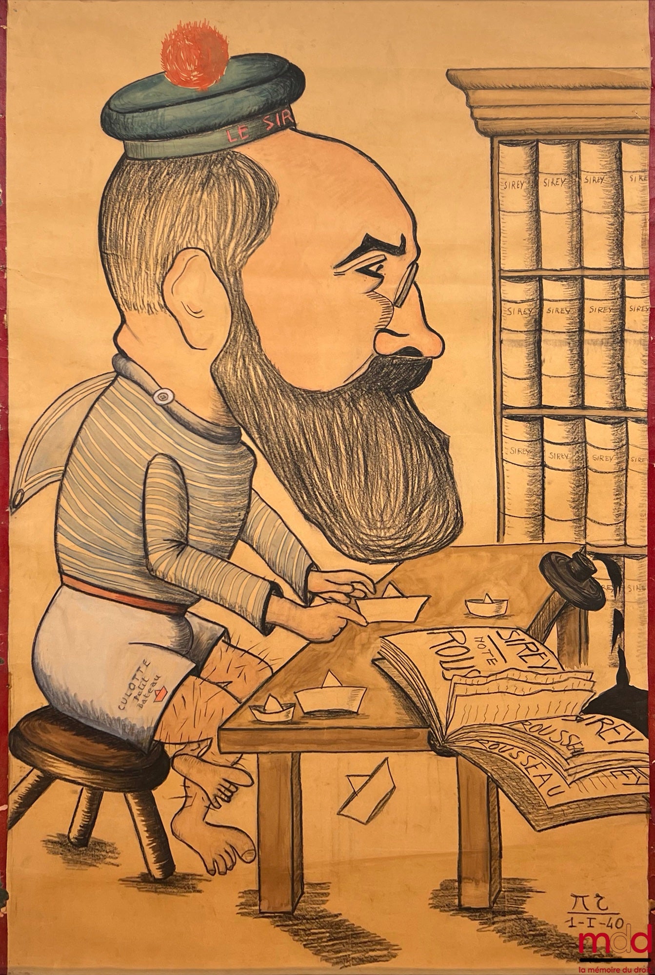 NÉGRIER (Pierre) – CARICATURE D’UN ÉTUDIANT DE DROIT EN CULOTTE COURTE (Petit Bateau) ET COIFFÉ D’UN BÉRET À POMPON, FAISANT DES PLIAGES AVEC LES PAGES DU CODE SIREY