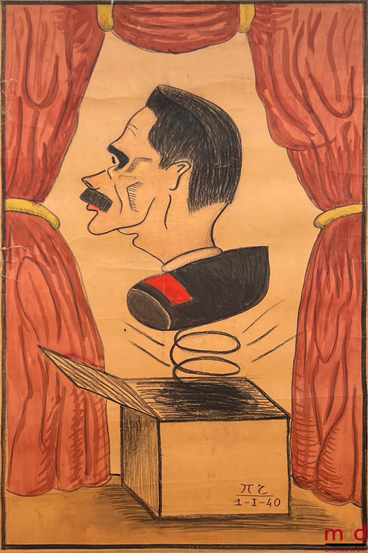[MONNIER (Raymond)], NÉGRIER (Pierre) – CARICATURE OF A BUST OF A LAW PROFESSOR COMING OUT OF A JOKES AND PRICK BOX