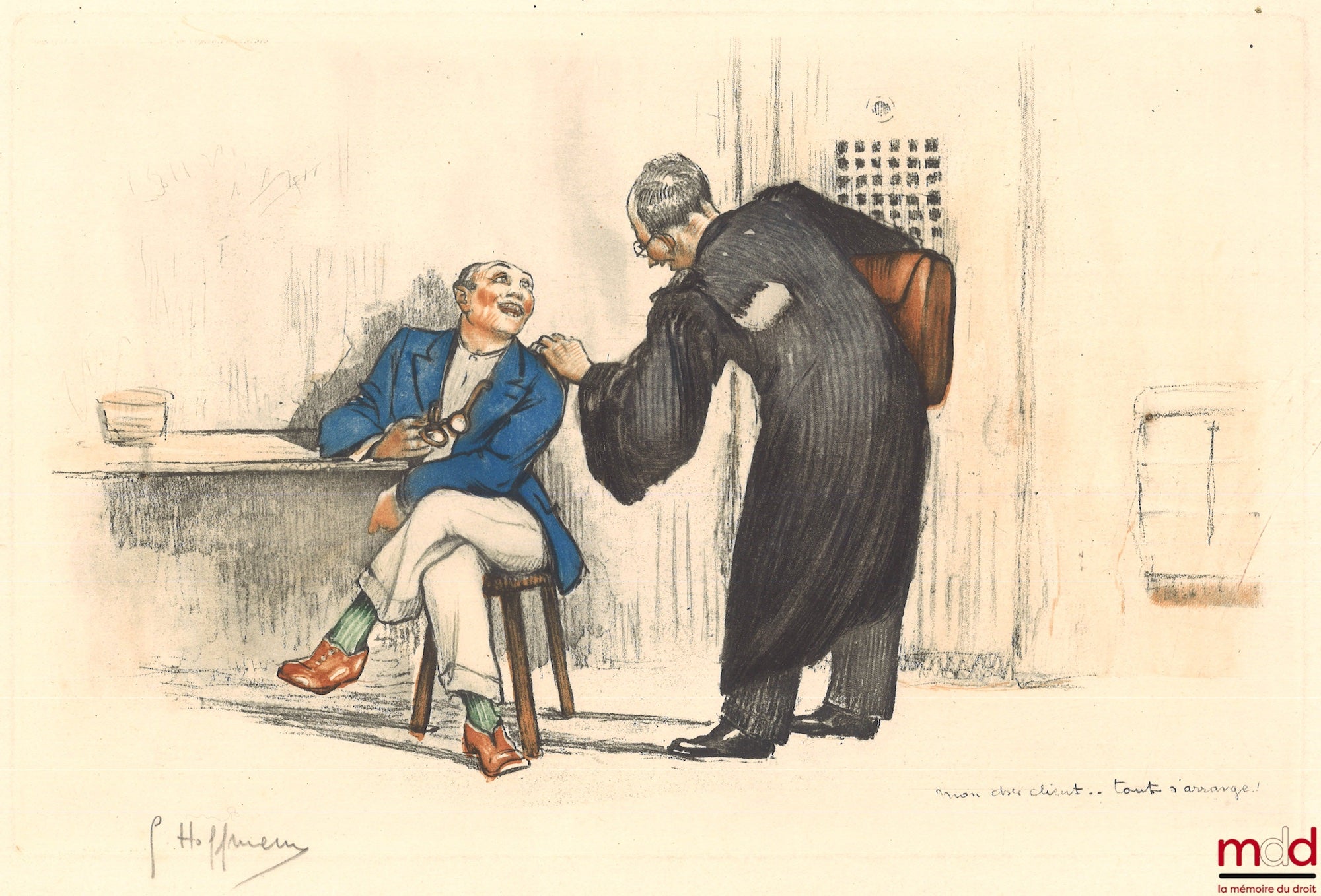 HOFFMANN (Gaston) – COLOUR LITHOGRAPH depicting a lawyer concluding his discussion with a wealthy client in a jail cell and uttering these words: 