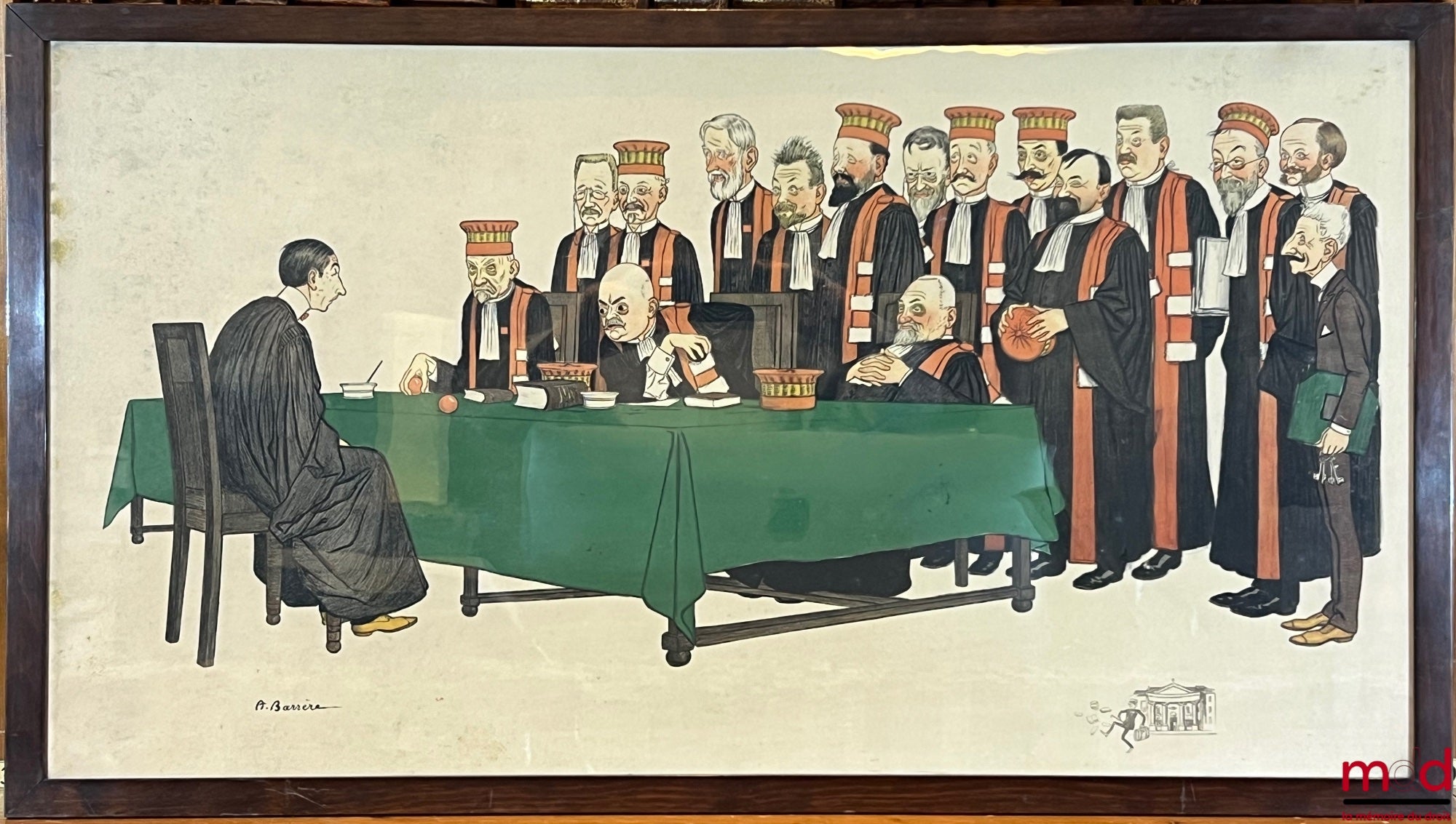 BARRÈRE (Adrien) – LITHOGRAPHS ENHANCED WITH GOUACHE ON THE THEME OF PROFESSORS AT THE FACULTY OF LAW, DEPICTING A STUDENT DEFENDING HIS THESIS BEFORE A JURY OF LAW PROFESSORS, Caricature, [we provide the names of the caricatured professors]