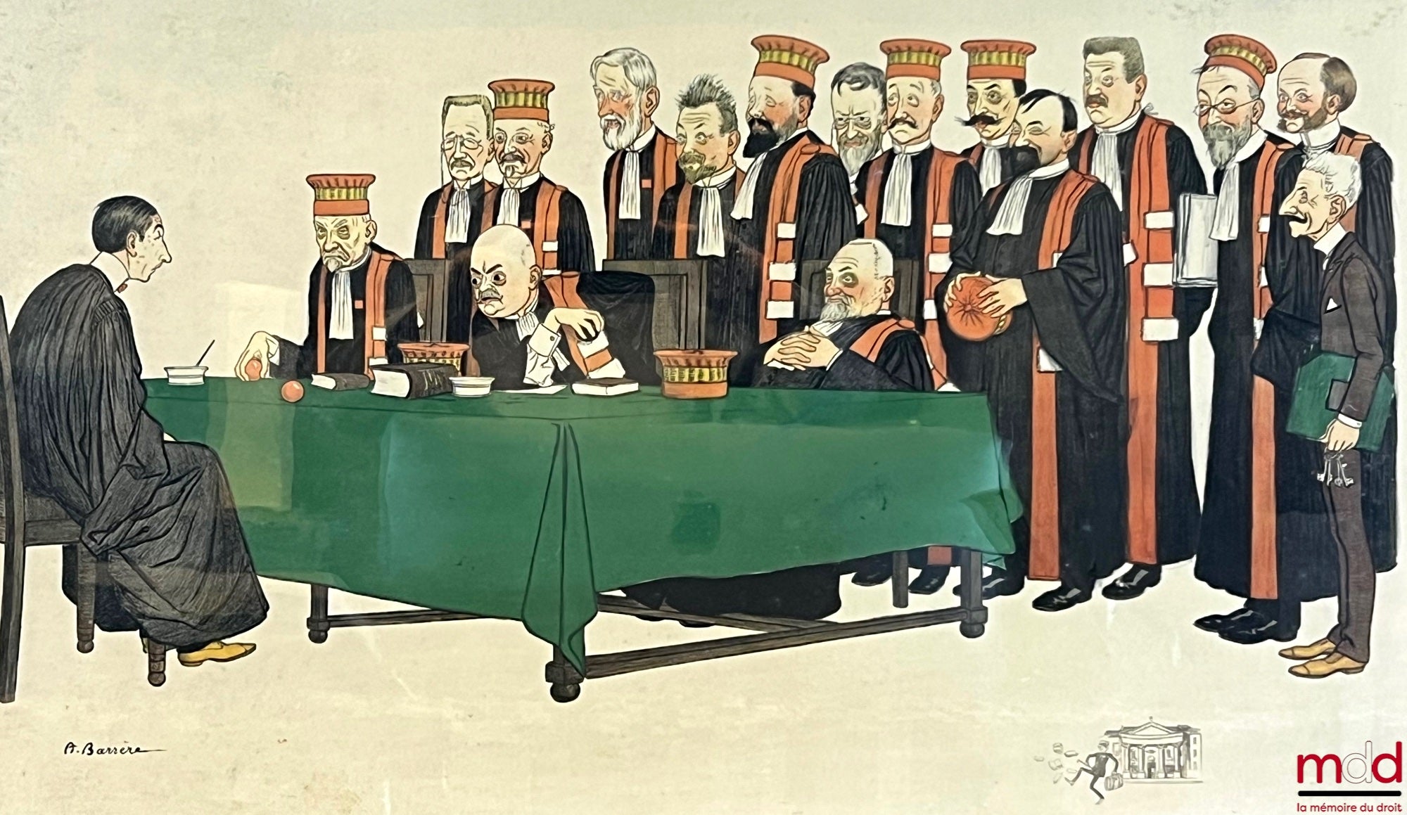 BARRÈRE (Adrien) – LITHOGRAPHIES REHAUSSÉE À LA GOUACHE SUR LE THÈME DES PROFESSEURS À LA FACULTÉ DE DROIT, représentant UN ÉTUDIANT SOUTENANT SA THÈSE DEVANT UN JURY DE PROFESSEURS DE DROIT, Caricature, [nous fournissons le nom des professeurs caricaturé