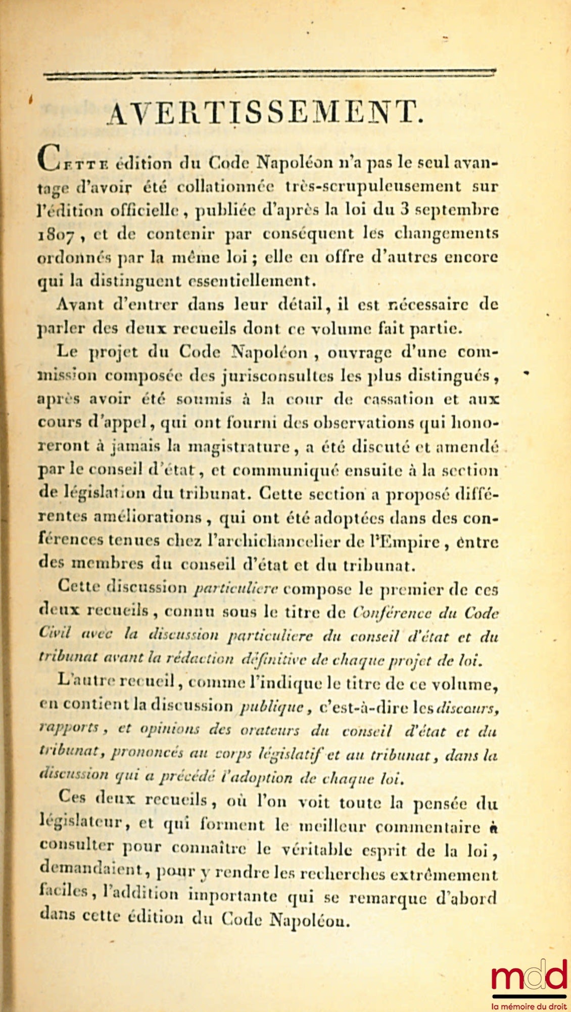 [Civil Code / Napoleonic Code], FAVARD DE LANGLADE (Baron Guillaume Jean) – NAPOLEONIC CODE [CIVIL CODE (for volumes II to VIII)], followed by the statement of reasons for each law, presented by the Government Orators; — Reports made to the Tribunate at