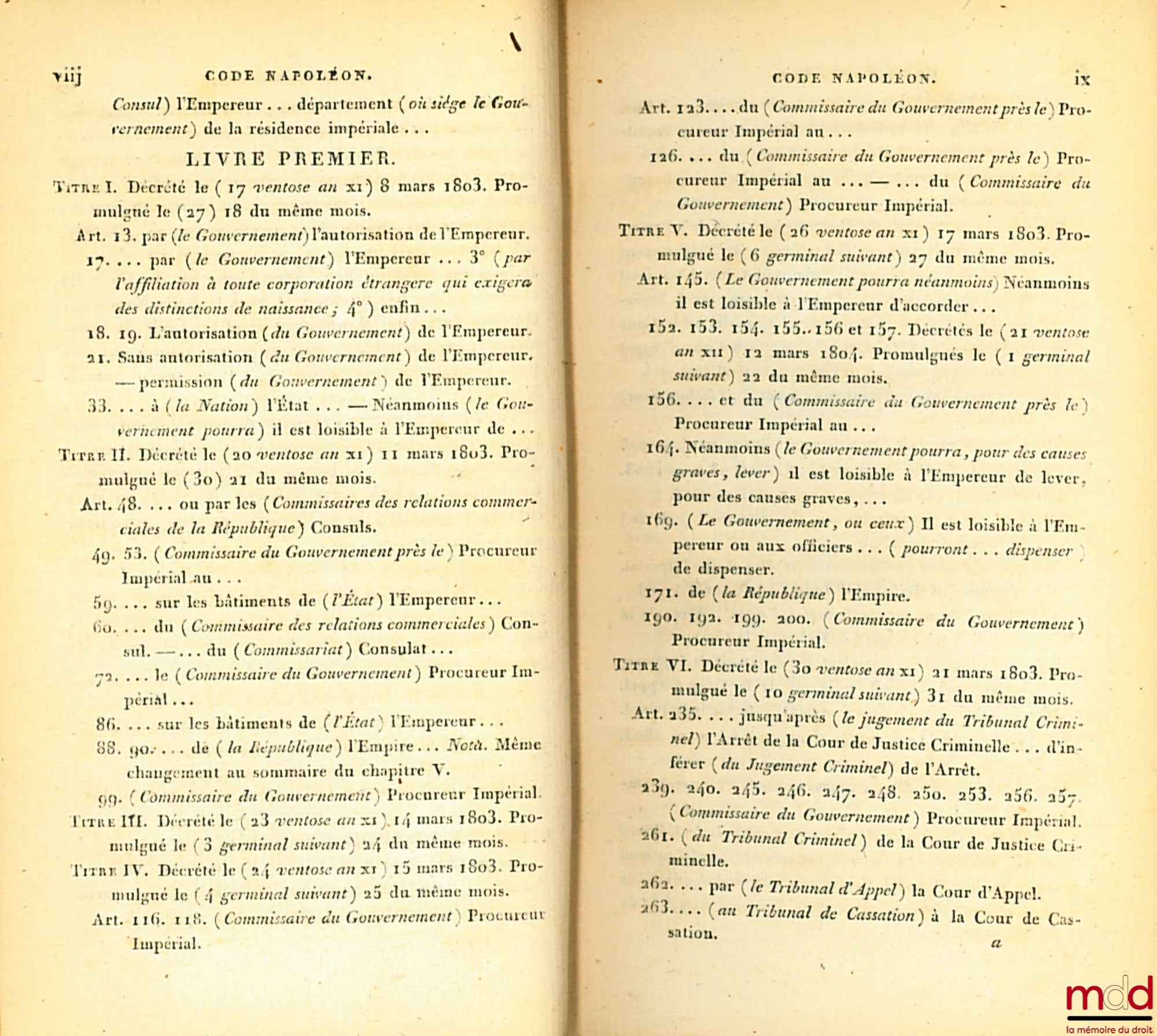 [Civil Code / Napoleonic Code], FAVARD DE LANGLADE (Baron Guillaume Jean) – NAPOLEONIC CODE [CIVIL CODE (for volumes II to VIII)], followed by the statement of reasons for each law, presented by the Government Orators; — Reports made to the Tribunate at